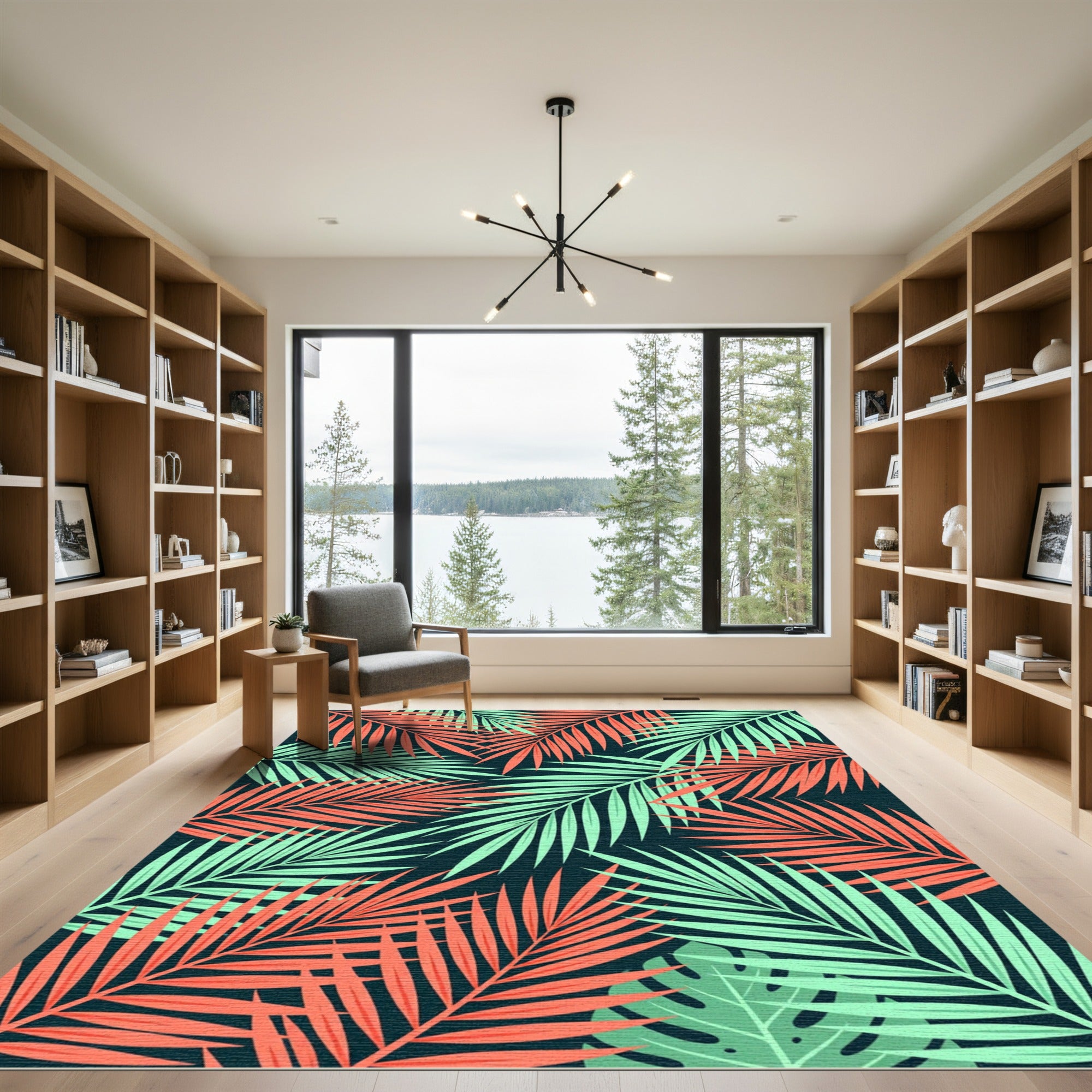 Vibrant Coral and Teal Tropical Fronds Rug