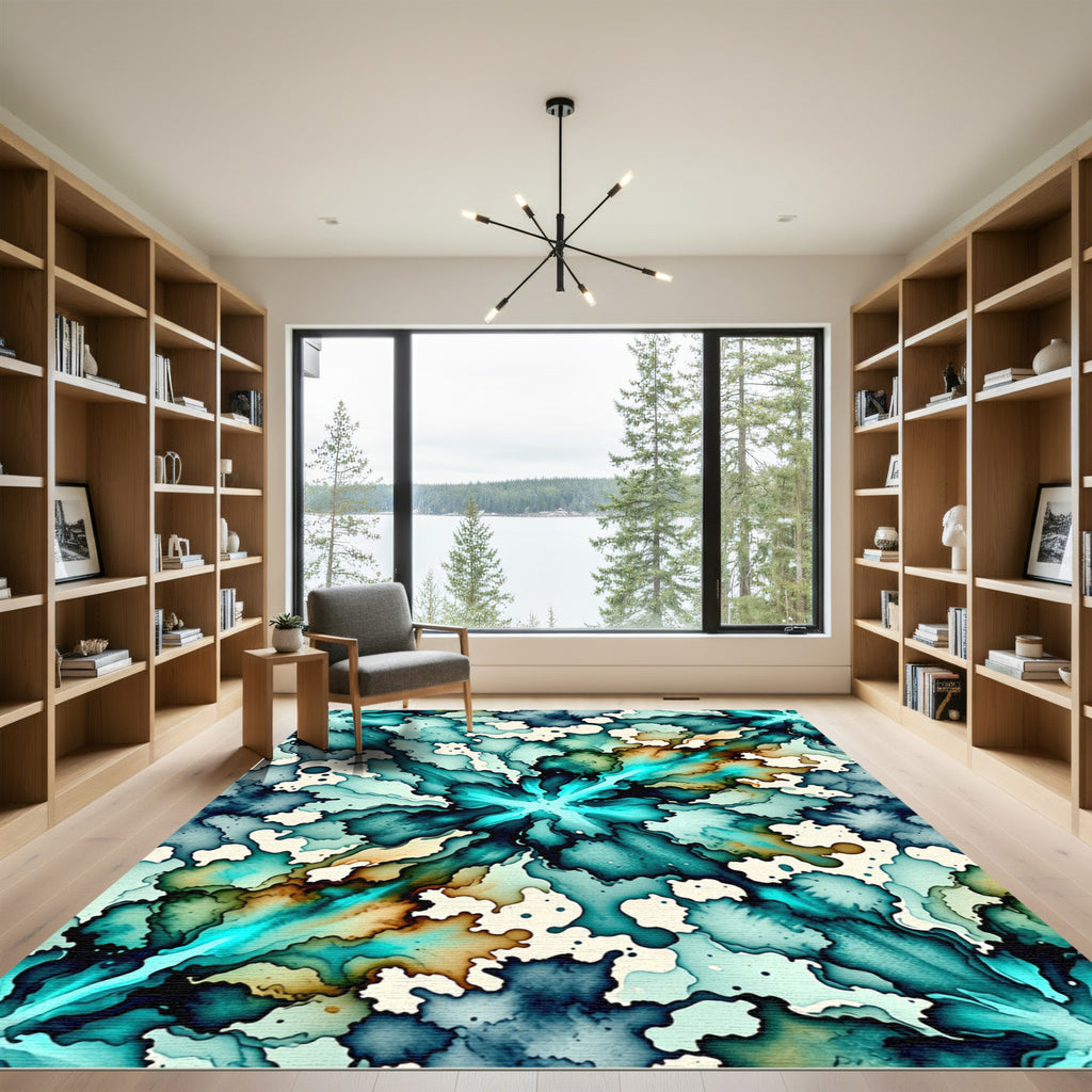 Radiant Teal Watercolor Burst Abstract Rug