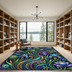 Peacock Feather Iris Floral Gold Swirls Rug