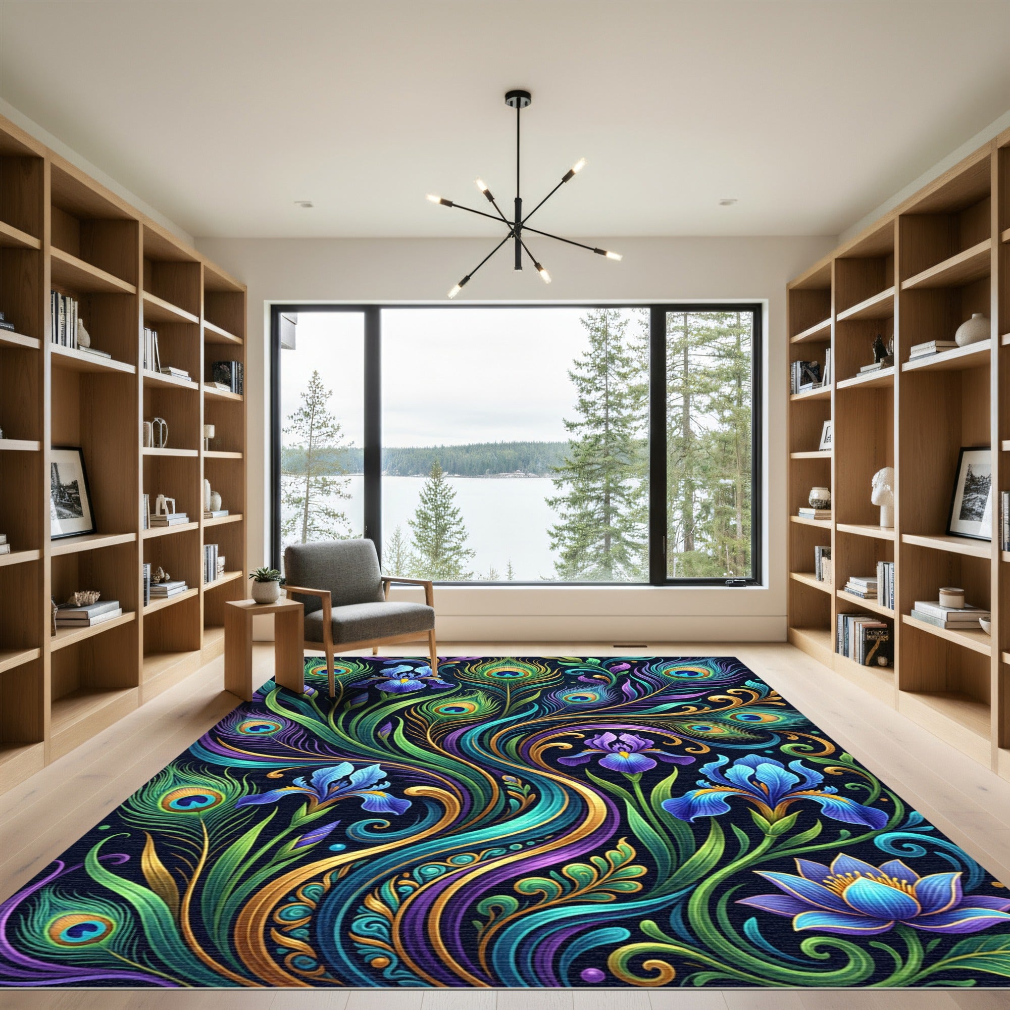 Peacock Feather Iris Floral Gold Swirls Rug
