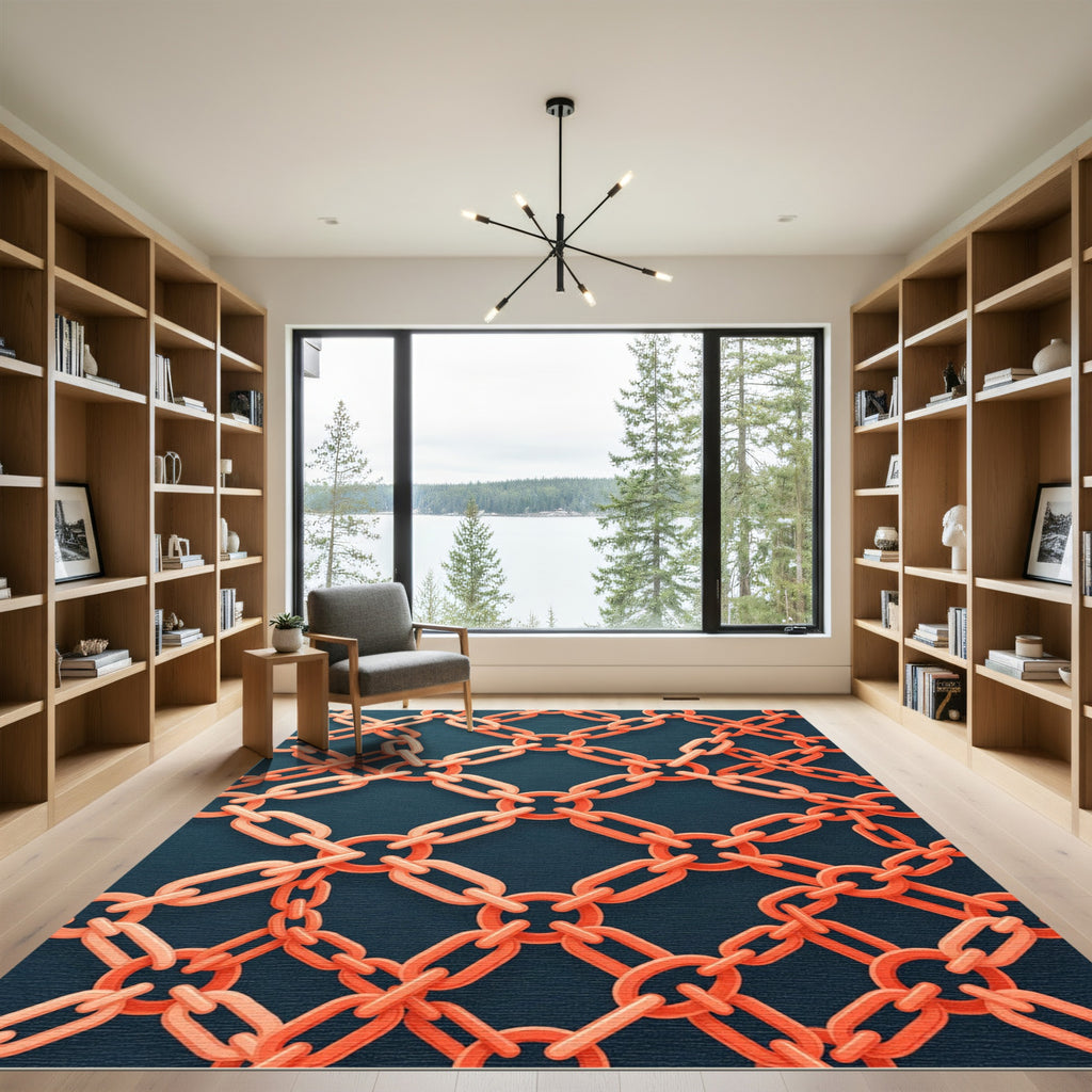 Modern Coral Orange Geometric Chain Link Rug