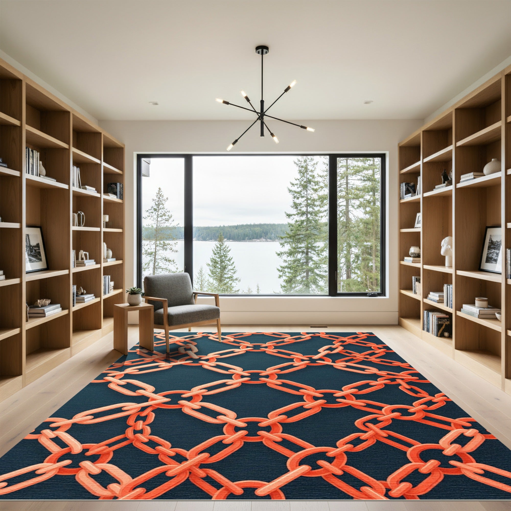 Modern Coral Orange Geometric Chain Link Rug