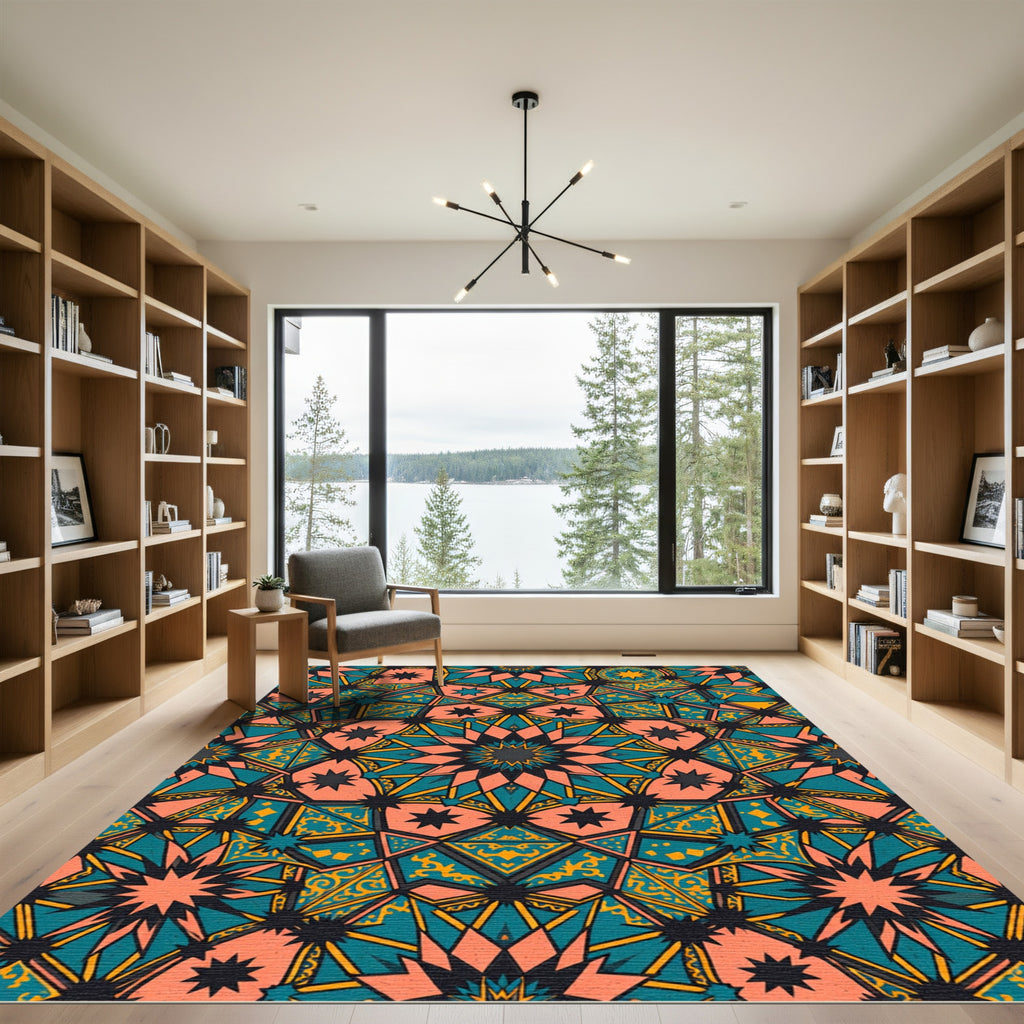 Coral Teal Starburst Geometric Tile Rug