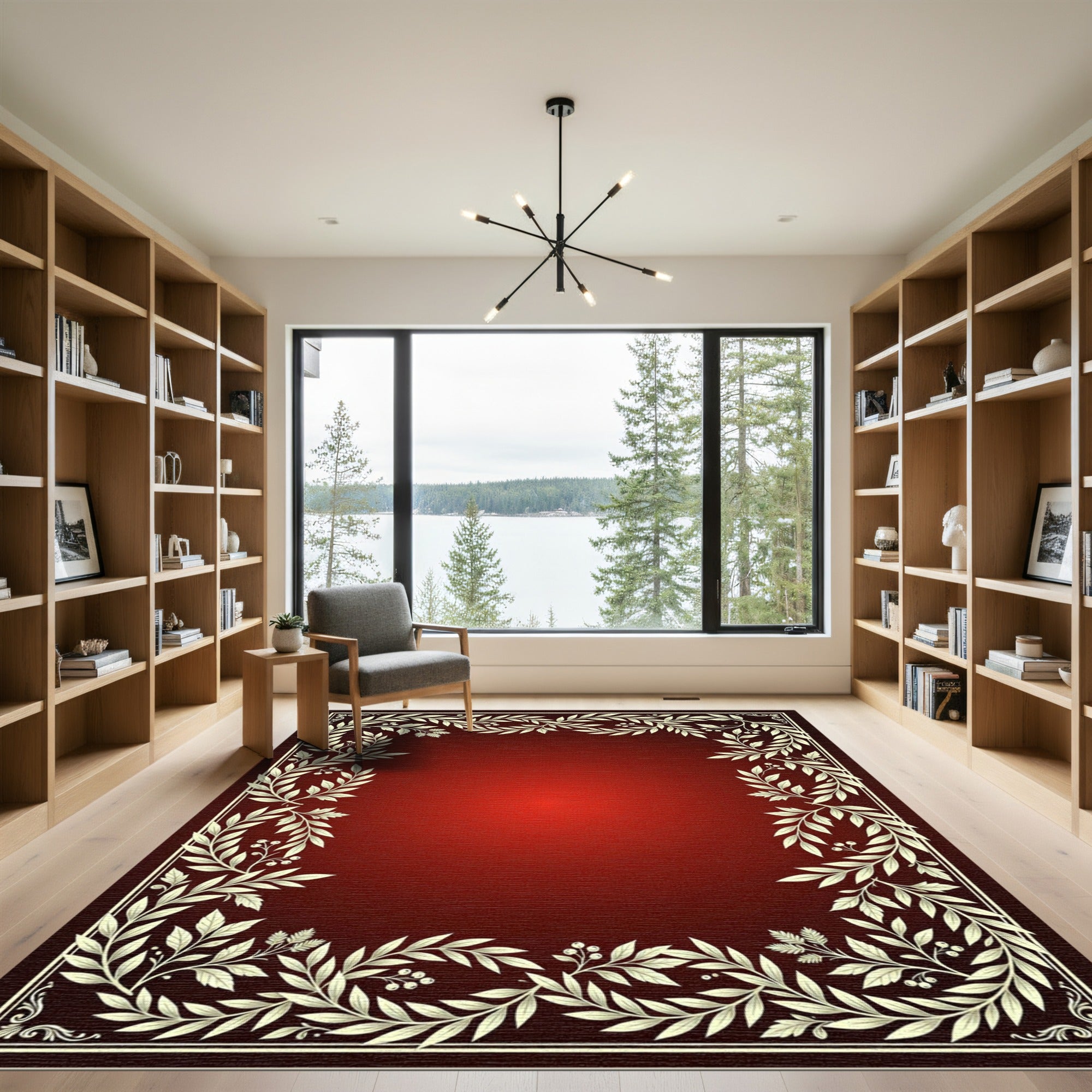 Red Gradient Leafy Border Rug