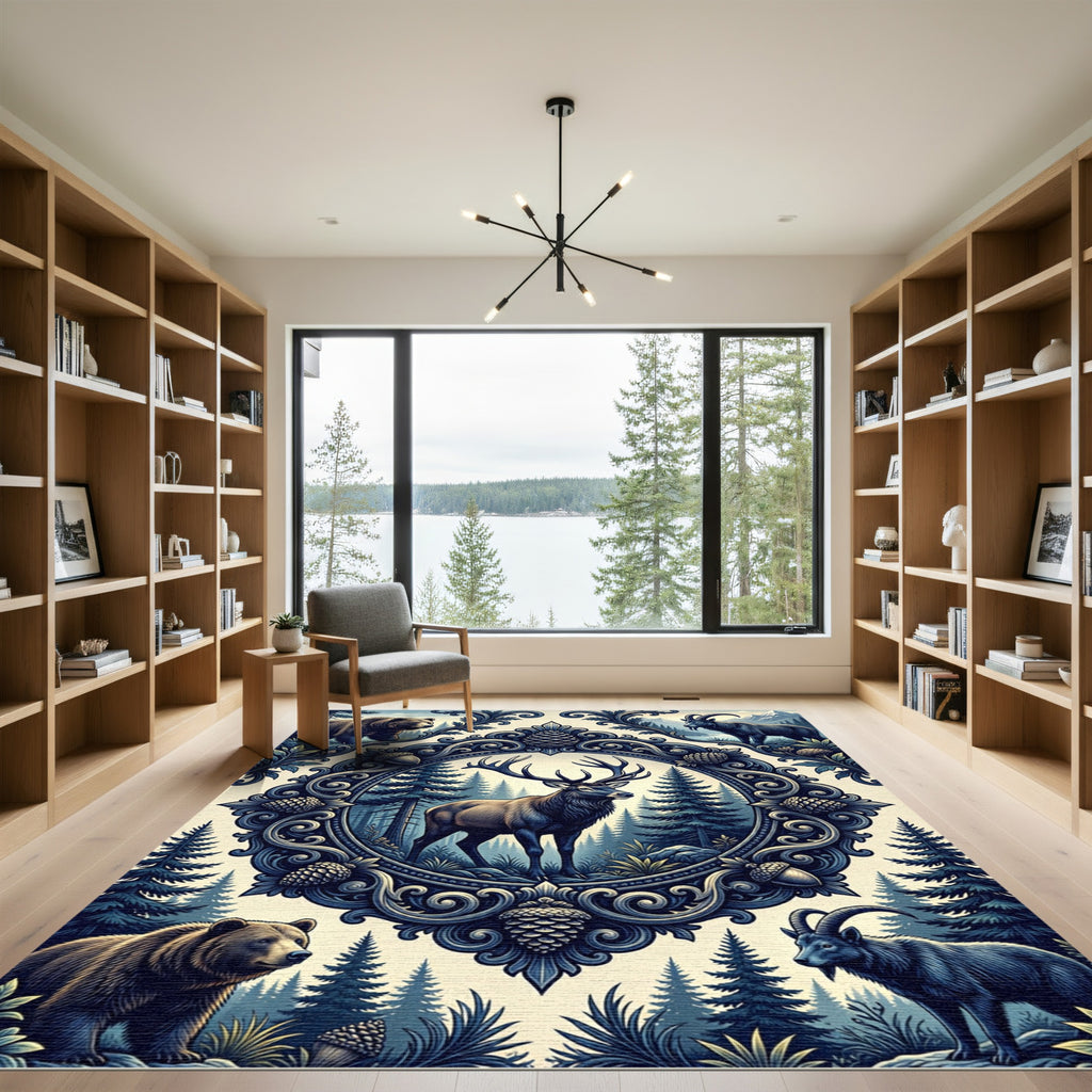 Blue Woodland Elk Bear Alpine Medallion Rug