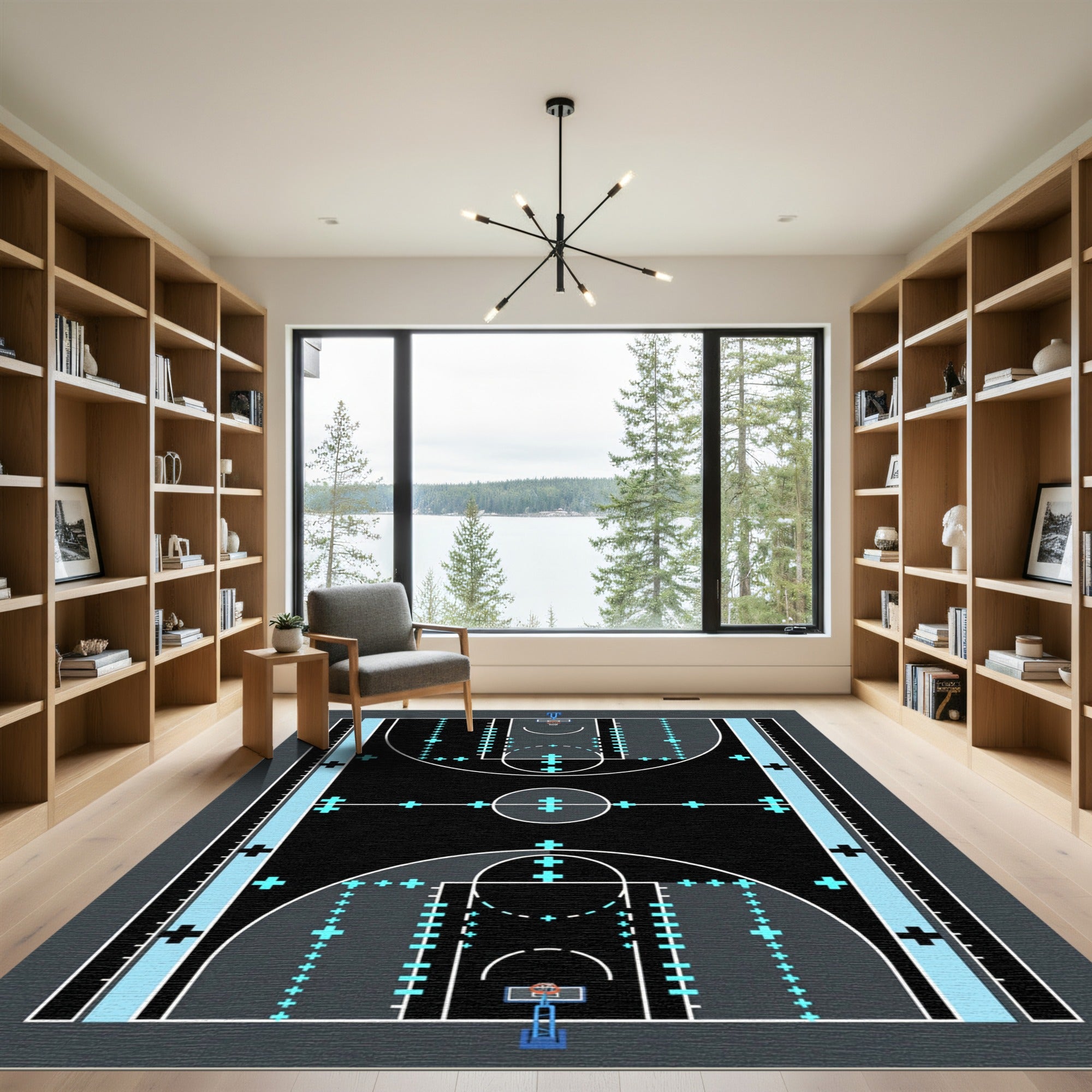 Modern Black Basketball Court Graphic Rug