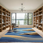 Abstract Coastal Blue and Ochre Wave Rug