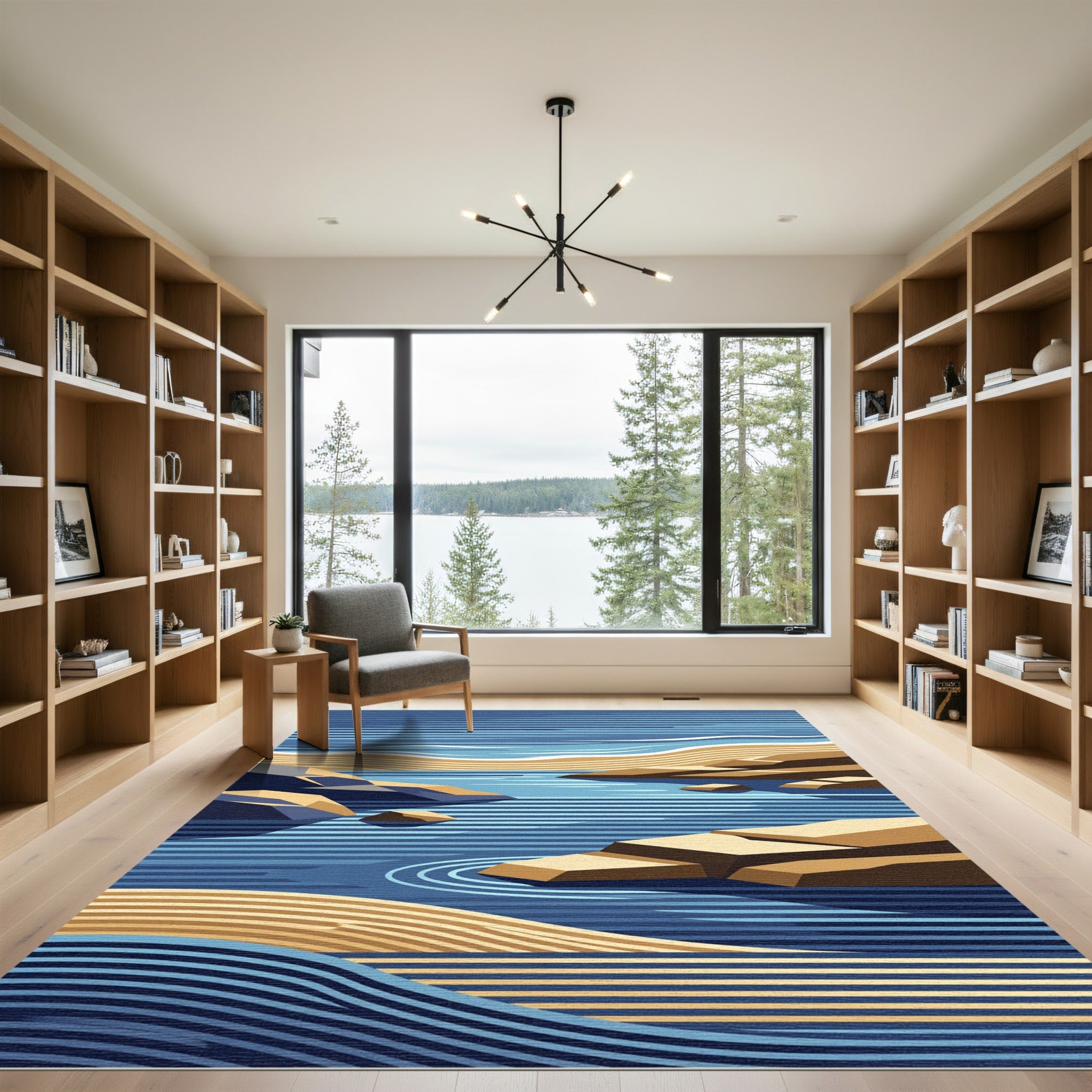 Abstract Coastal Blue and Ochre Wave Rug