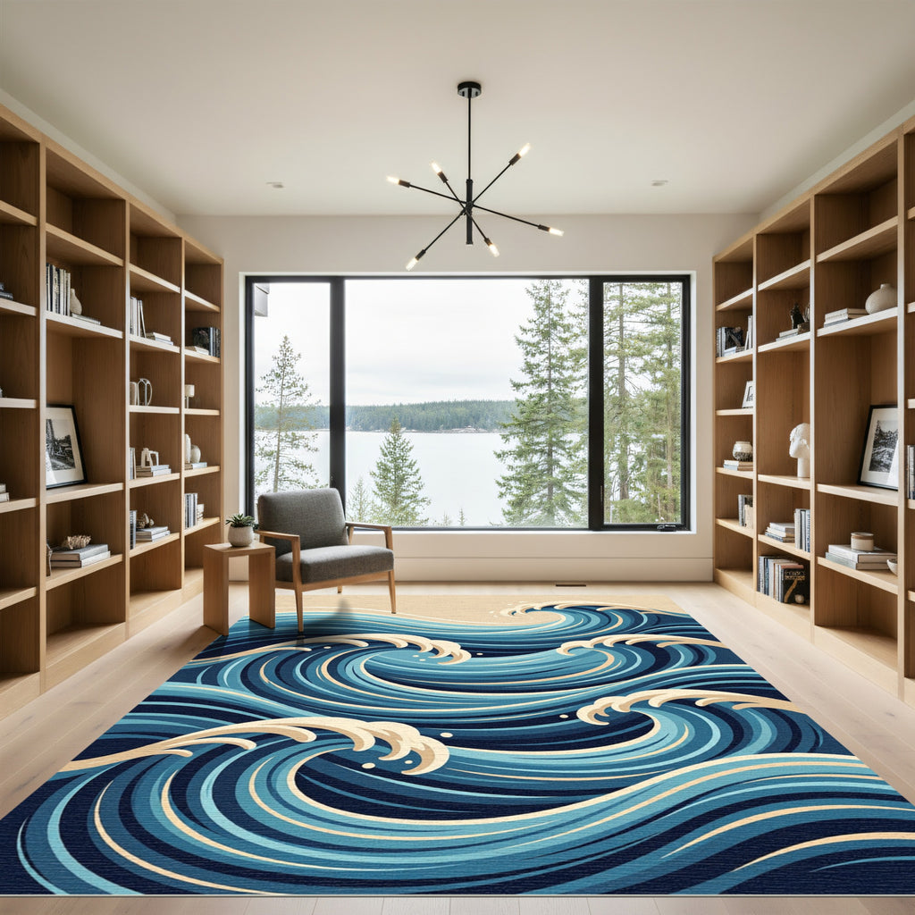 Abstract Navy Blue Ocean Wave Rug