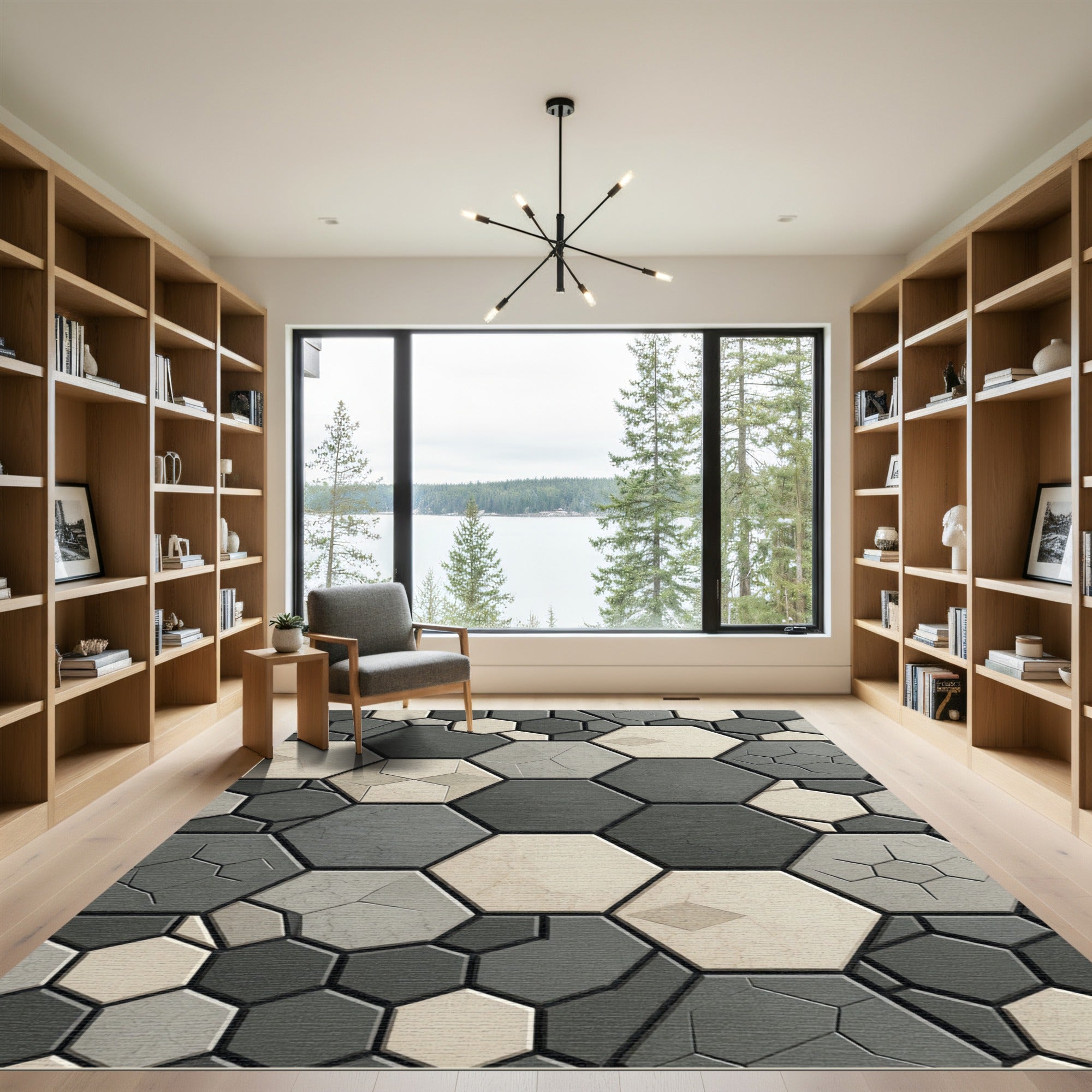 Modern Charcoal and Cream Hexagon Mosaic Rug