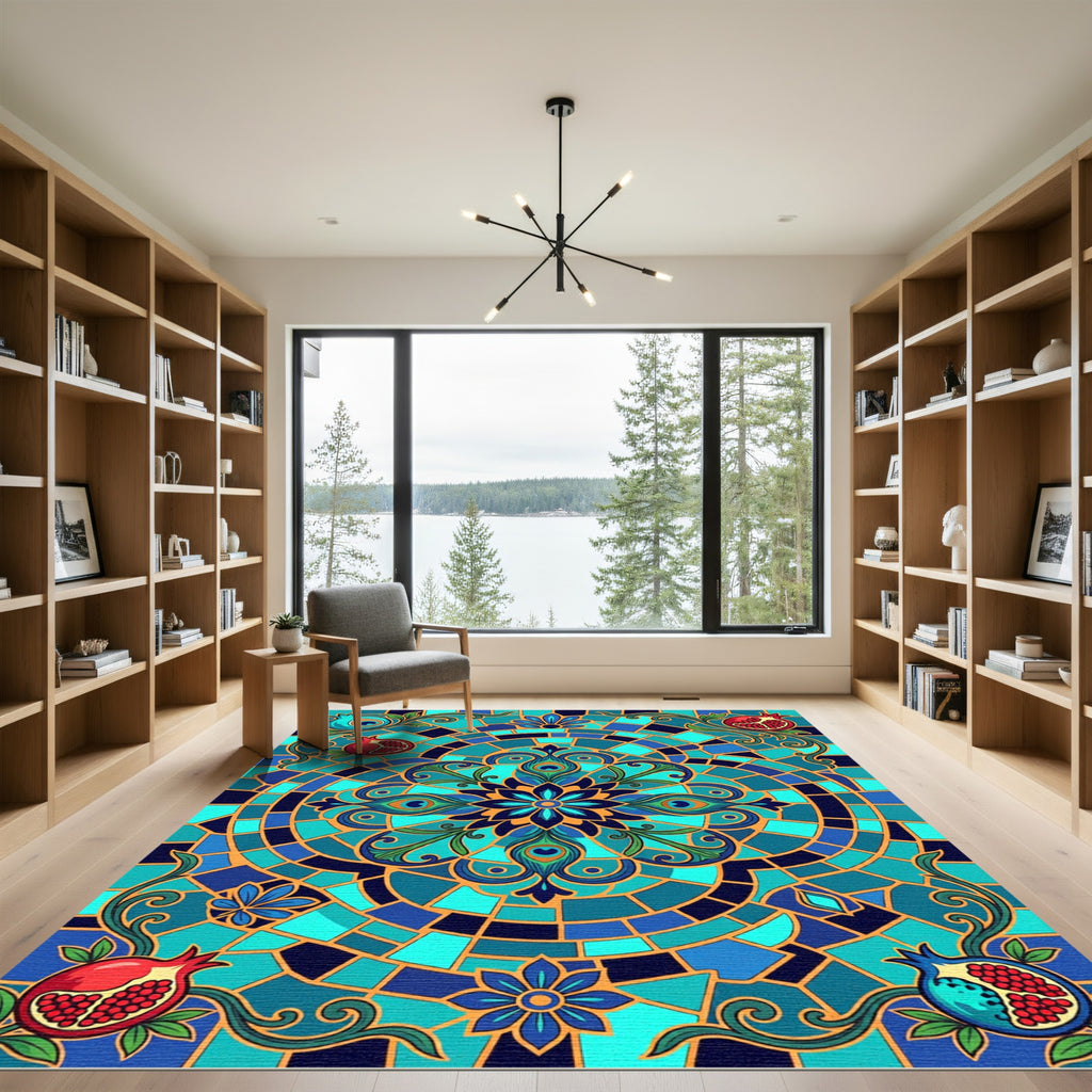 Ocean Blue Pomegranate Peacock Medallion Rug