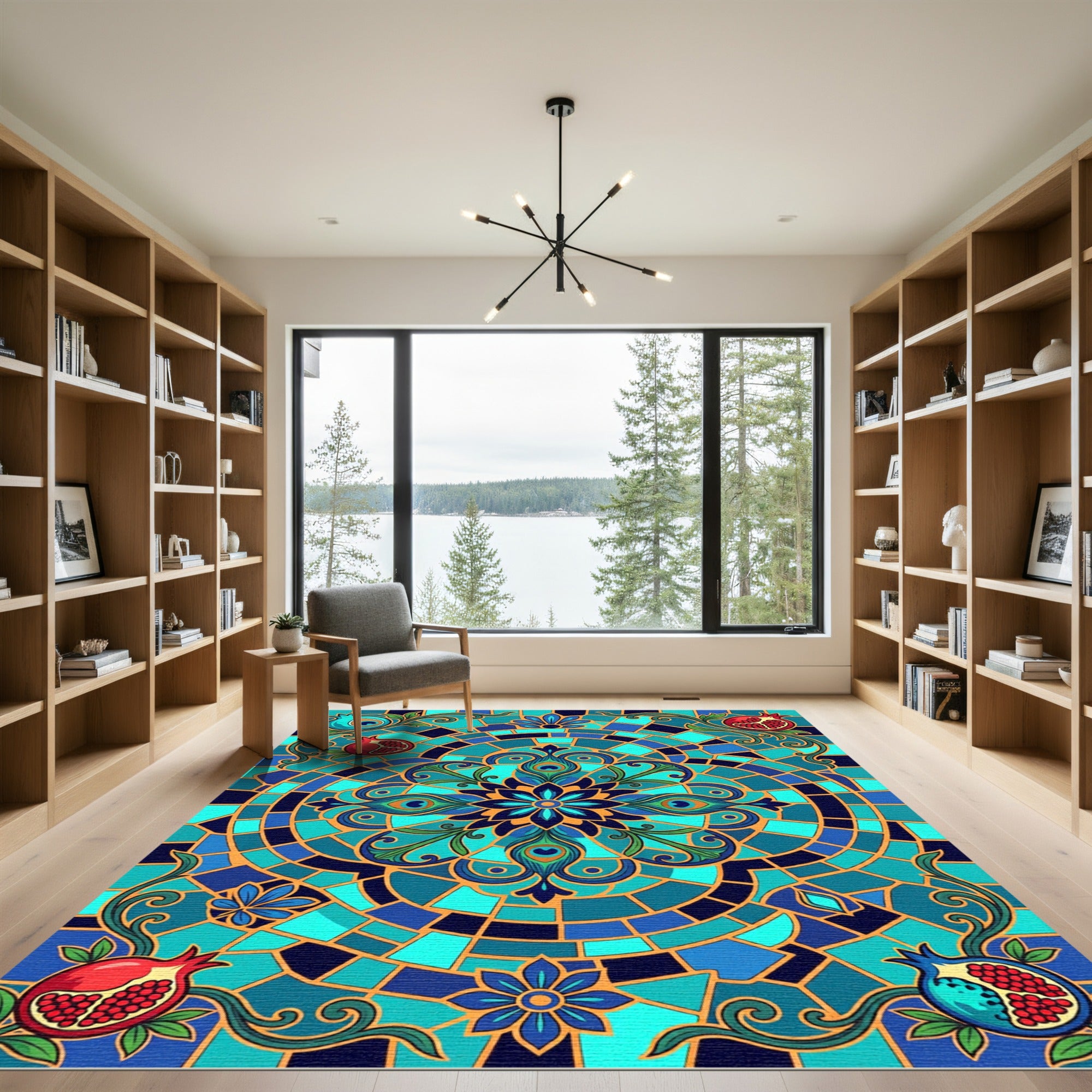 Ocean Blue Pomegranate Peacock Medallion Rug