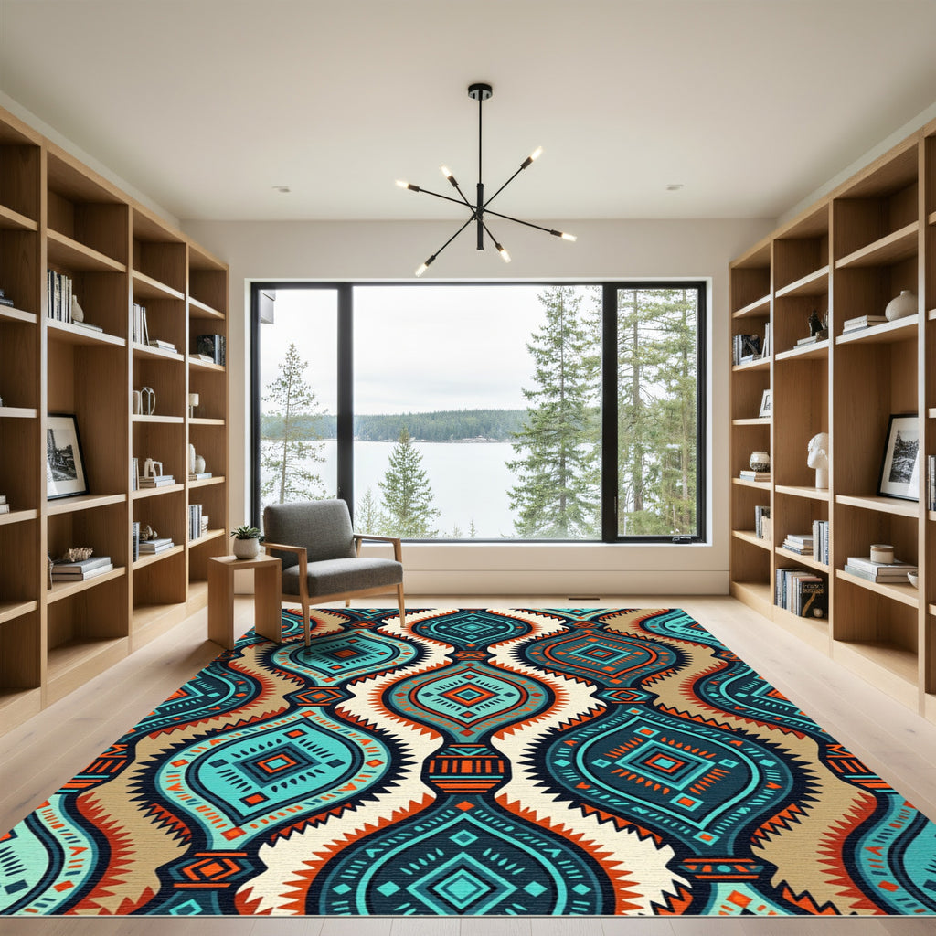 Teal Orange Geometric Abstract Medallion Rug