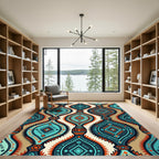 Teal Orange Geometric Abstract Medallion Rug