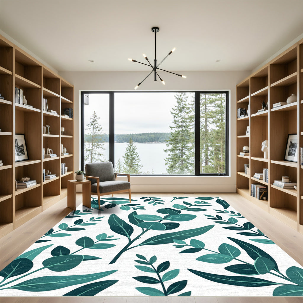 Lush Teal Eucalyptus Leaf Botanical Rug
