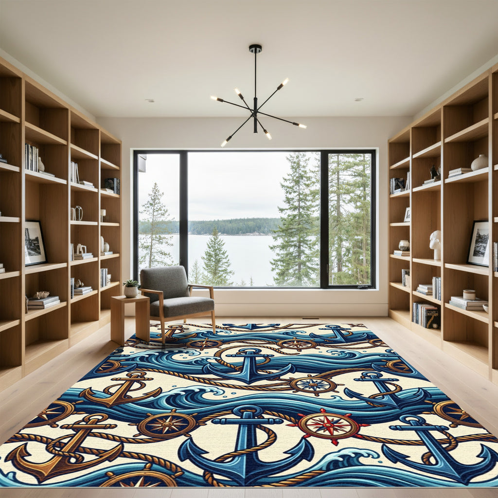 Nautical Blue Anchor Compass Wave Illustration Rug