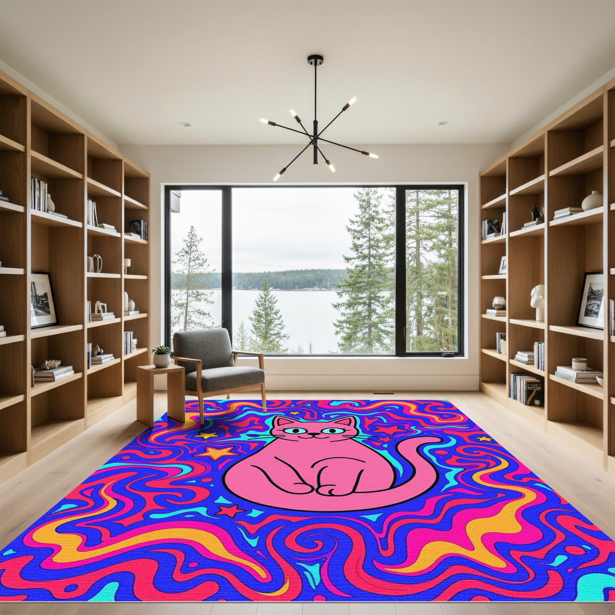 Psychedelic Pink Cat Swirl Stars Rug