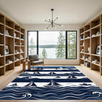 Nautical Navy White Sailing Ship Scene Rug