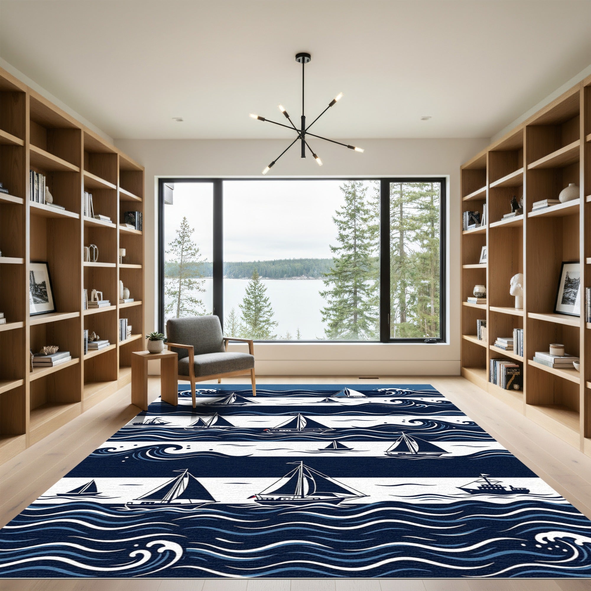 Nautical Navy White Sailing Ship Scene Rug