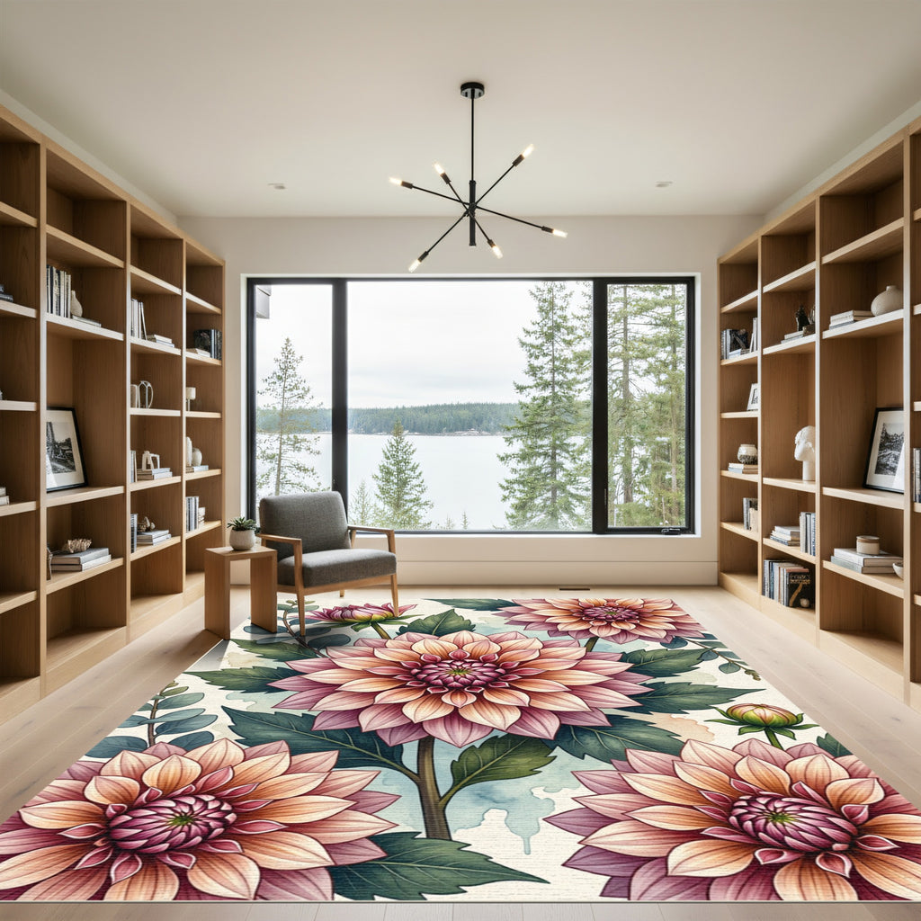 Soft Pink Dahlia Botanical Illustration Rug