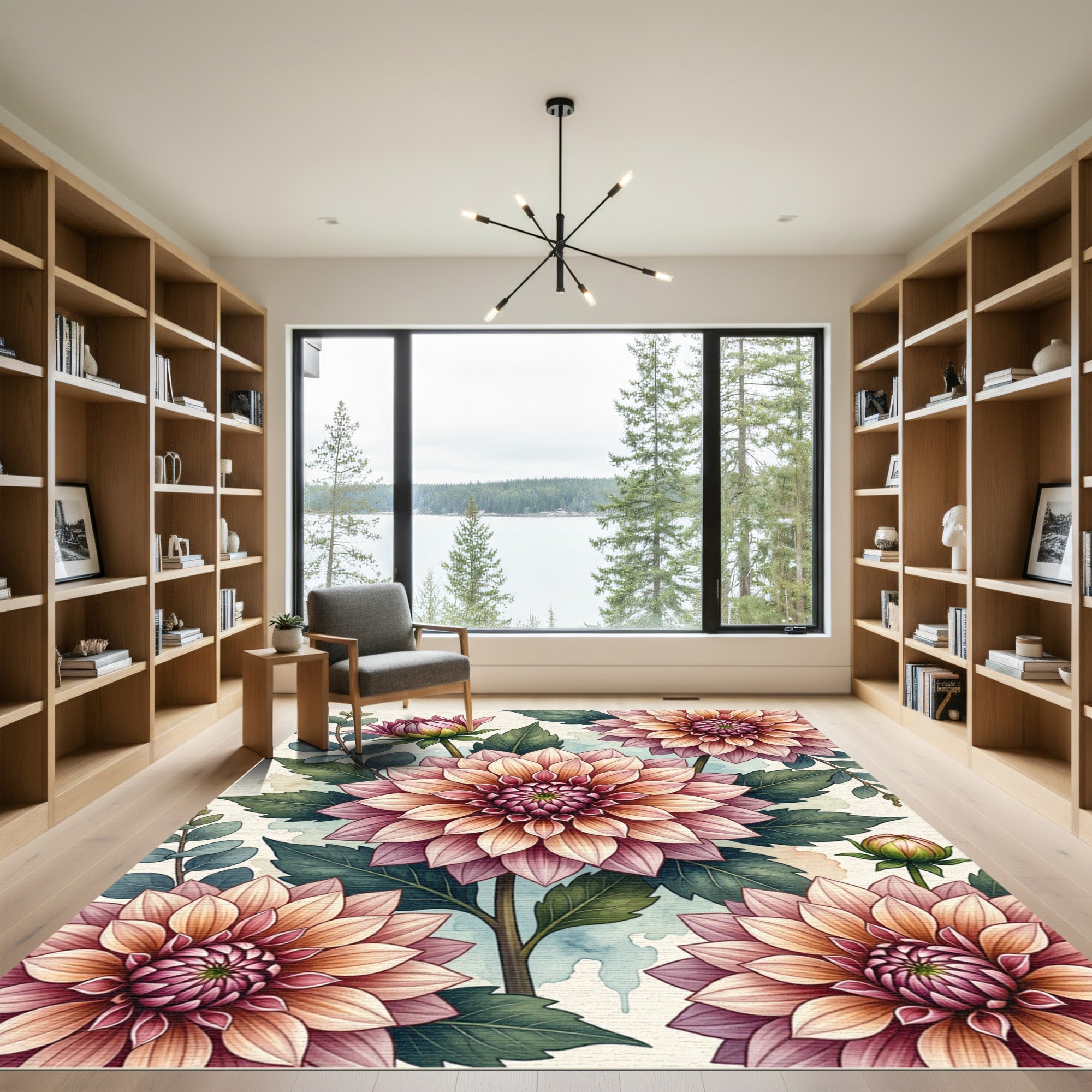 Soft Pink Dahlia Botanical Illustration Rug