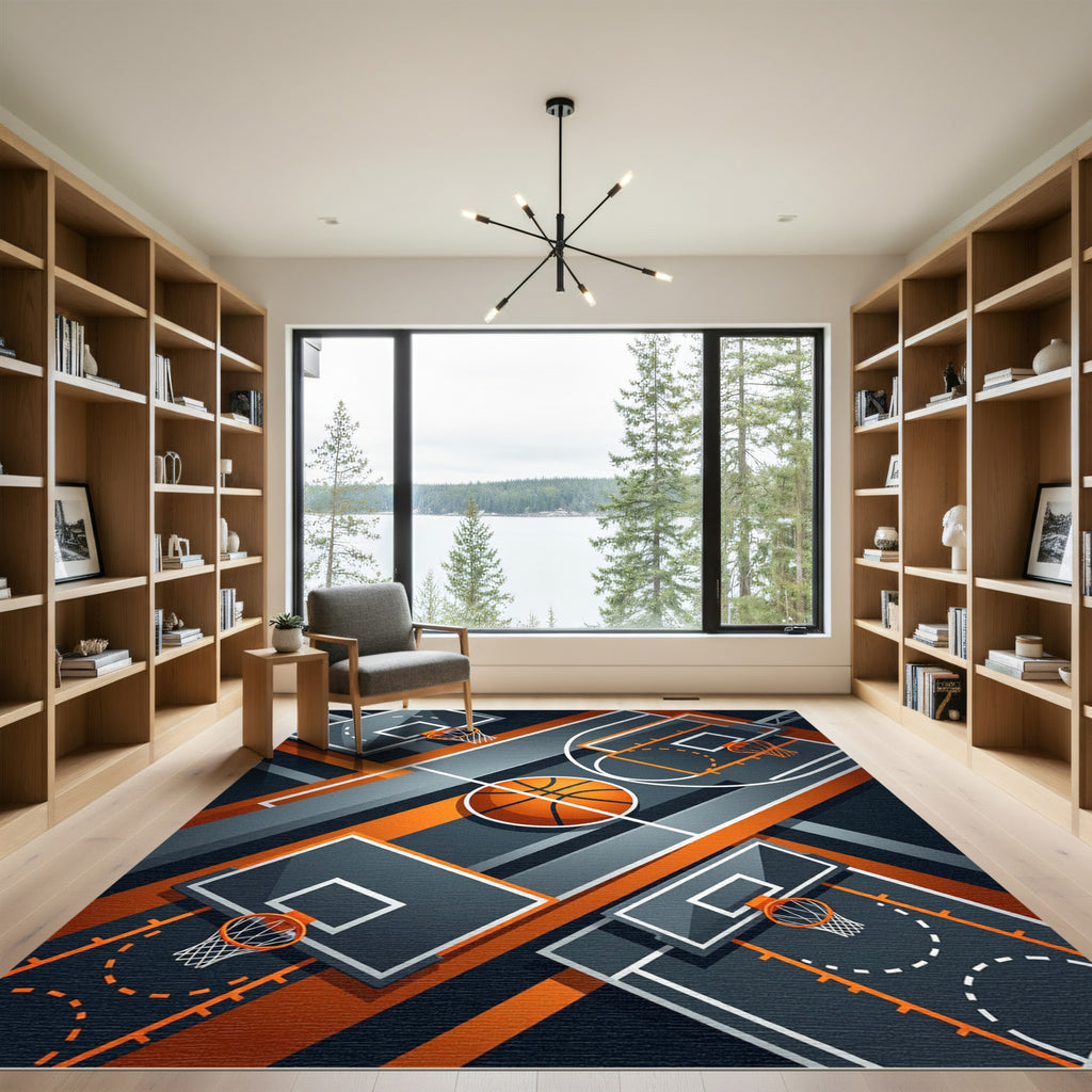 Dynamic Orange and Graphite Basketball Court Rug