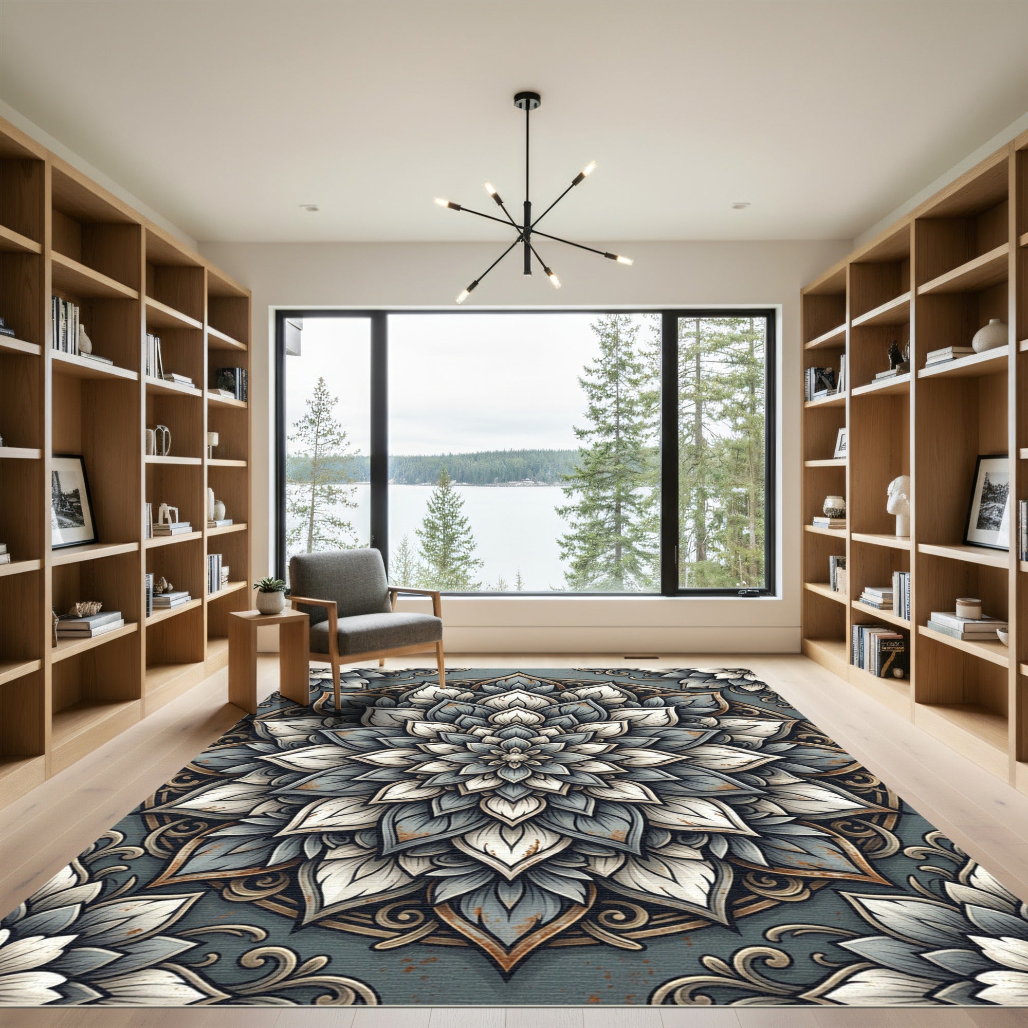 Elegant Slate Blue Floral Mandala Rug