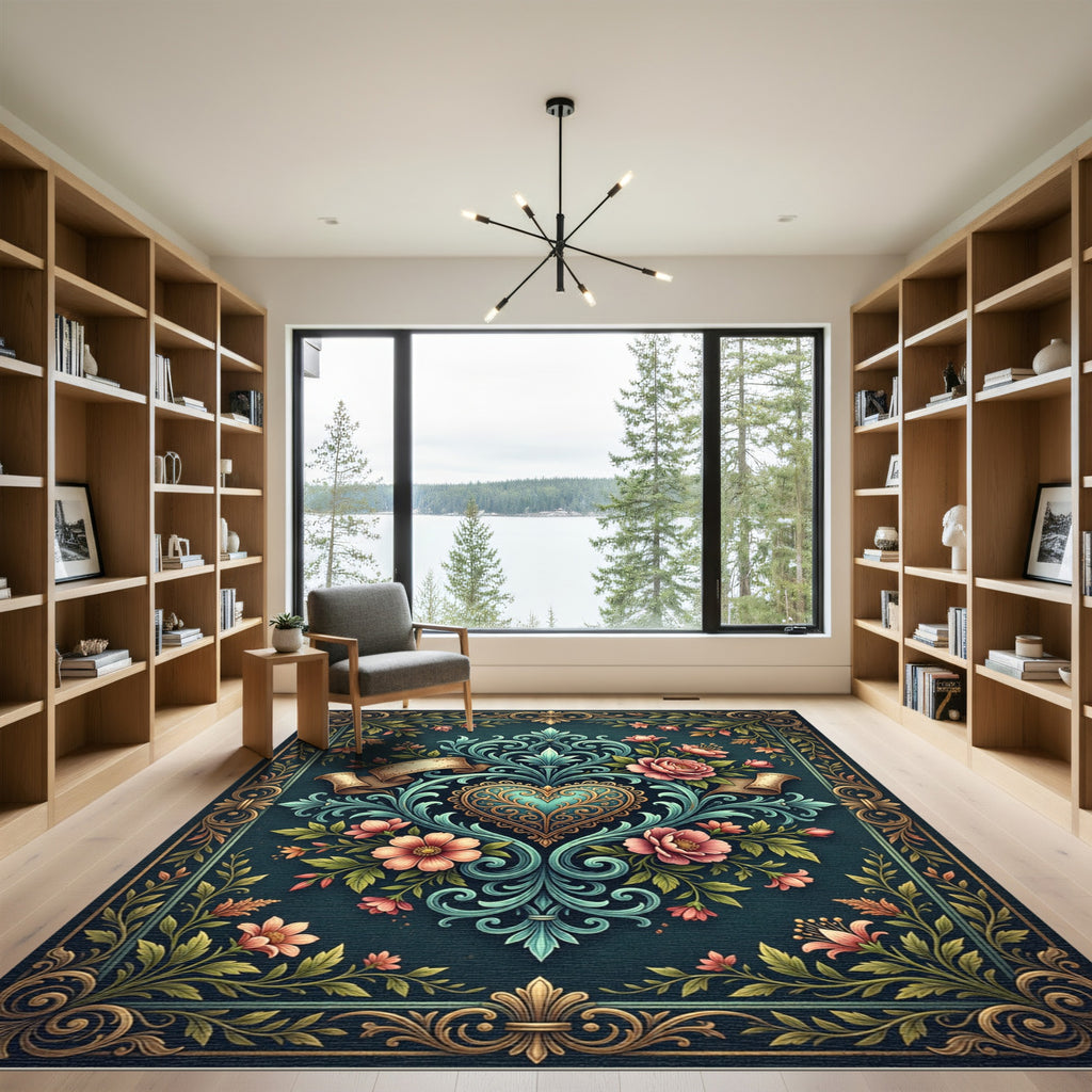 Elegant Teal Heart Floral Damask Rug