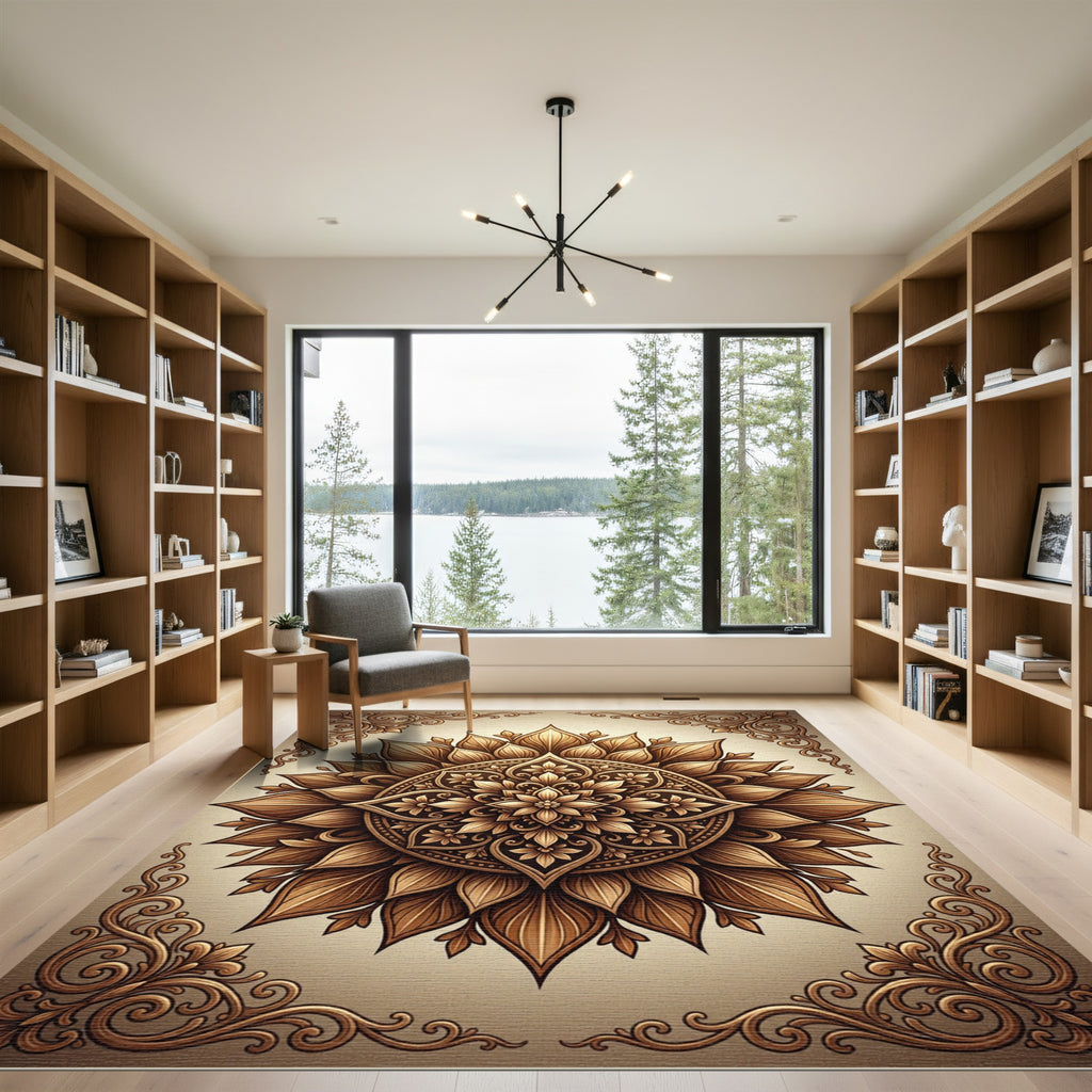 Elegant Golden Floral Mandala Medallion Rug