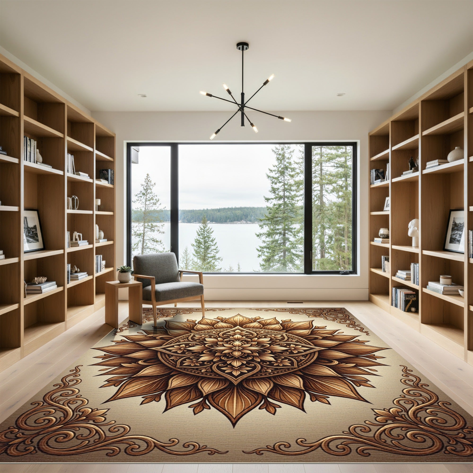 Elegant Golden Floral Mandala Medallion Rug
