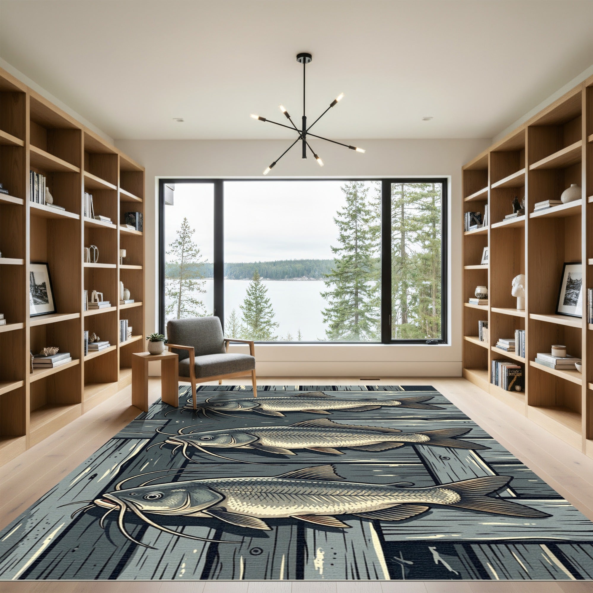 Earthy Gray Catfish Wood Panel Art Rug