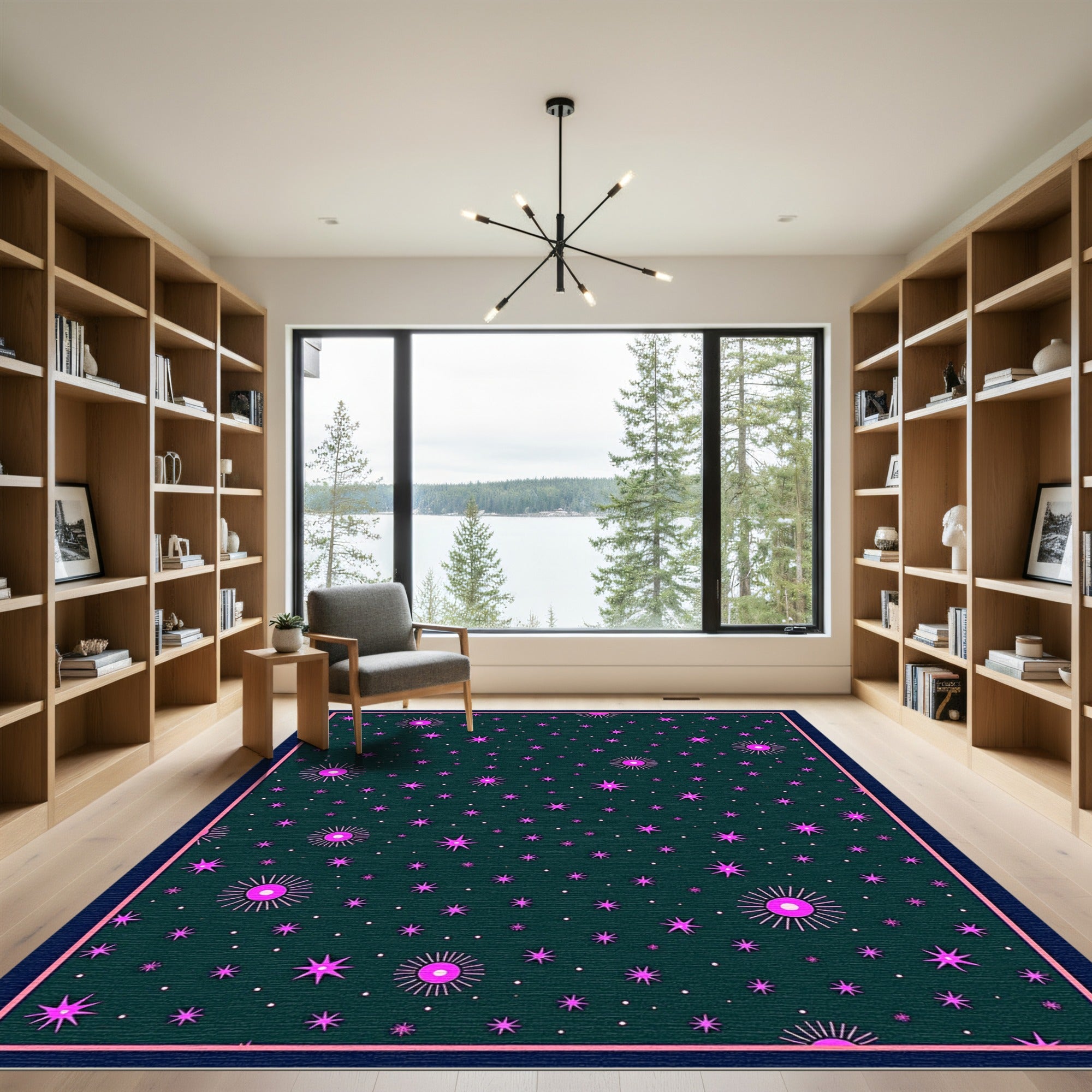Dark Teal Magenta Starburst Field Rug