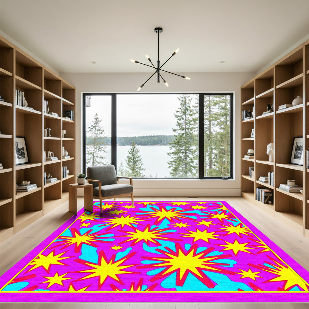 Vivid Pink Yellow Starburst Burst Rug