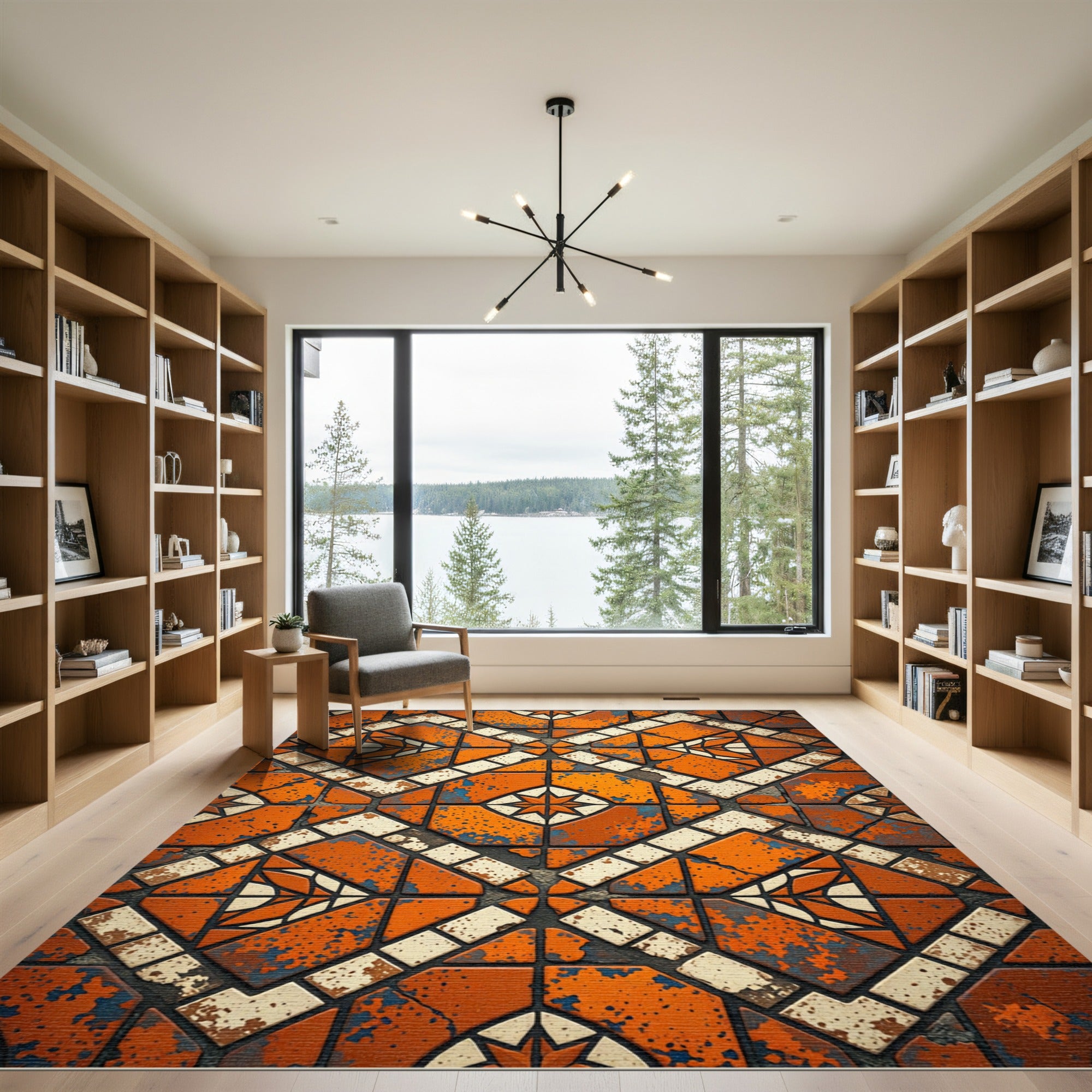 Rustic Orange Cracked Geometric Tiles Rug