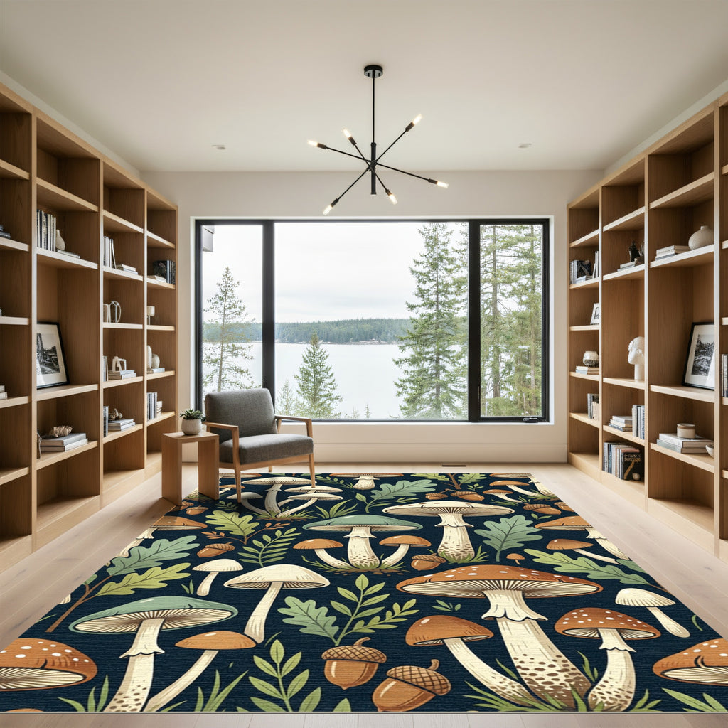 Earthy Forest Mushroom and Acorn Illustration Rug
