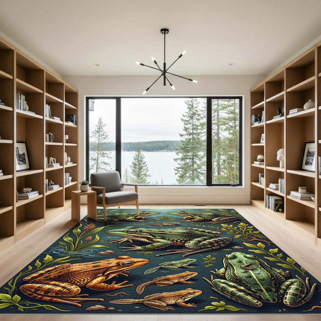 Whimsical Green Frog Pond Wildlife Rug