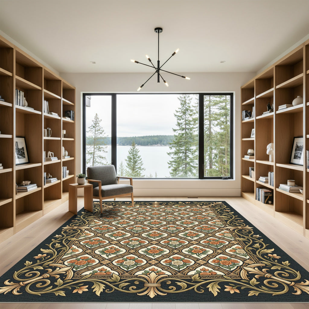 Golden Orange Rose Lattice Border Rug