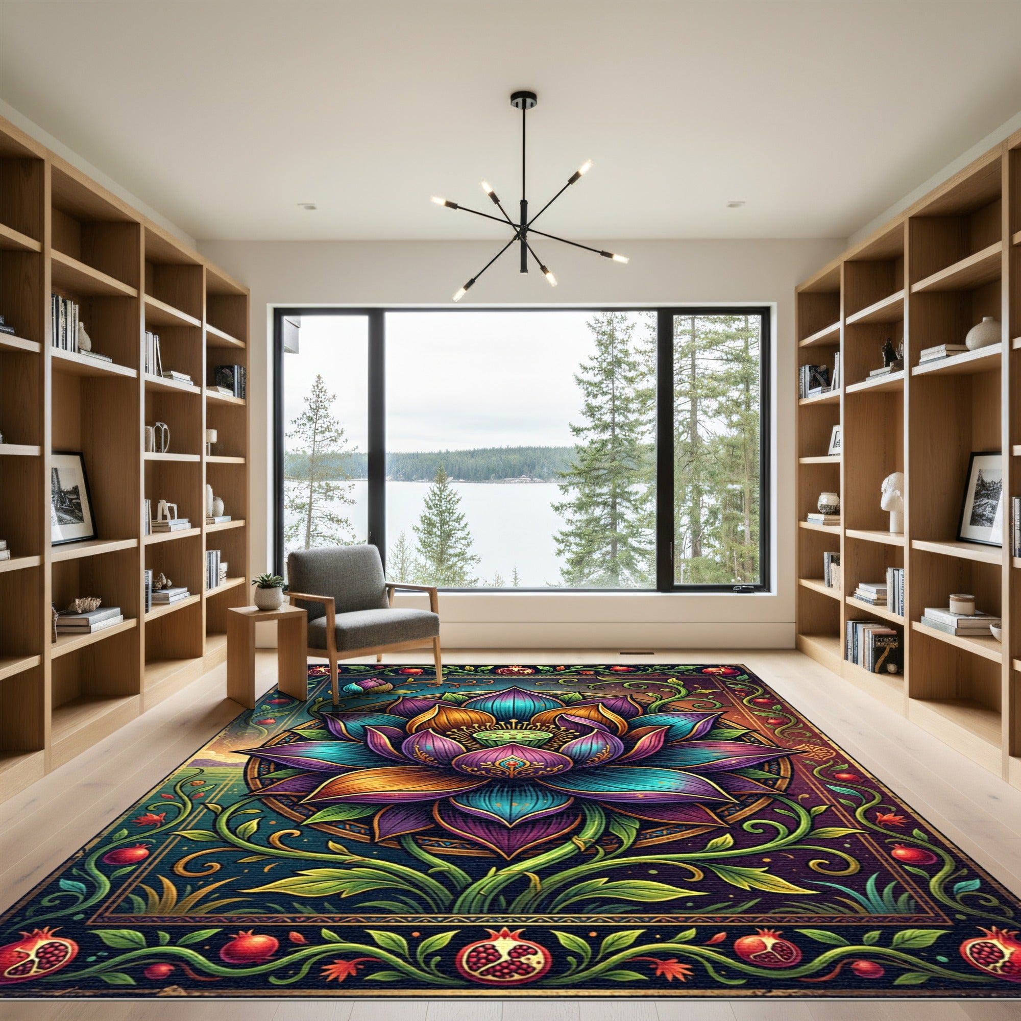 Vibrant Lotus Pomegranate Art Nouveau Medallion Rug
