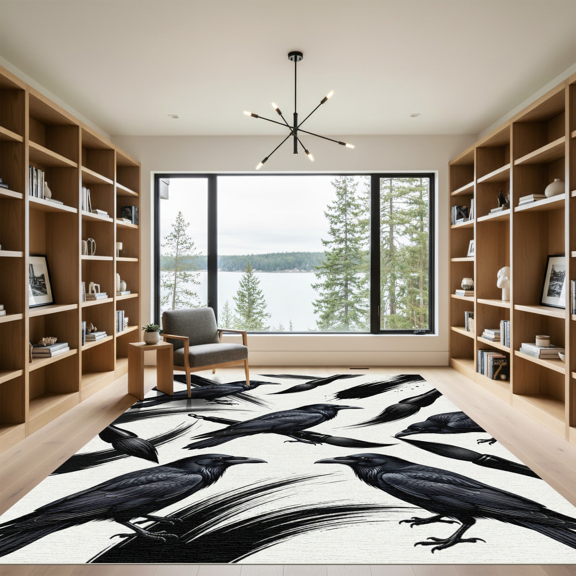Black Raven Ink Brush Composition Rug