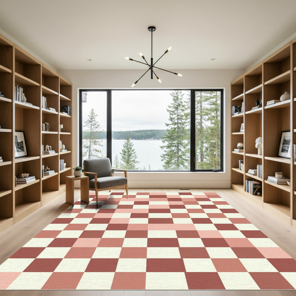 Modern Blush and Terracotta Checkerboard Rug