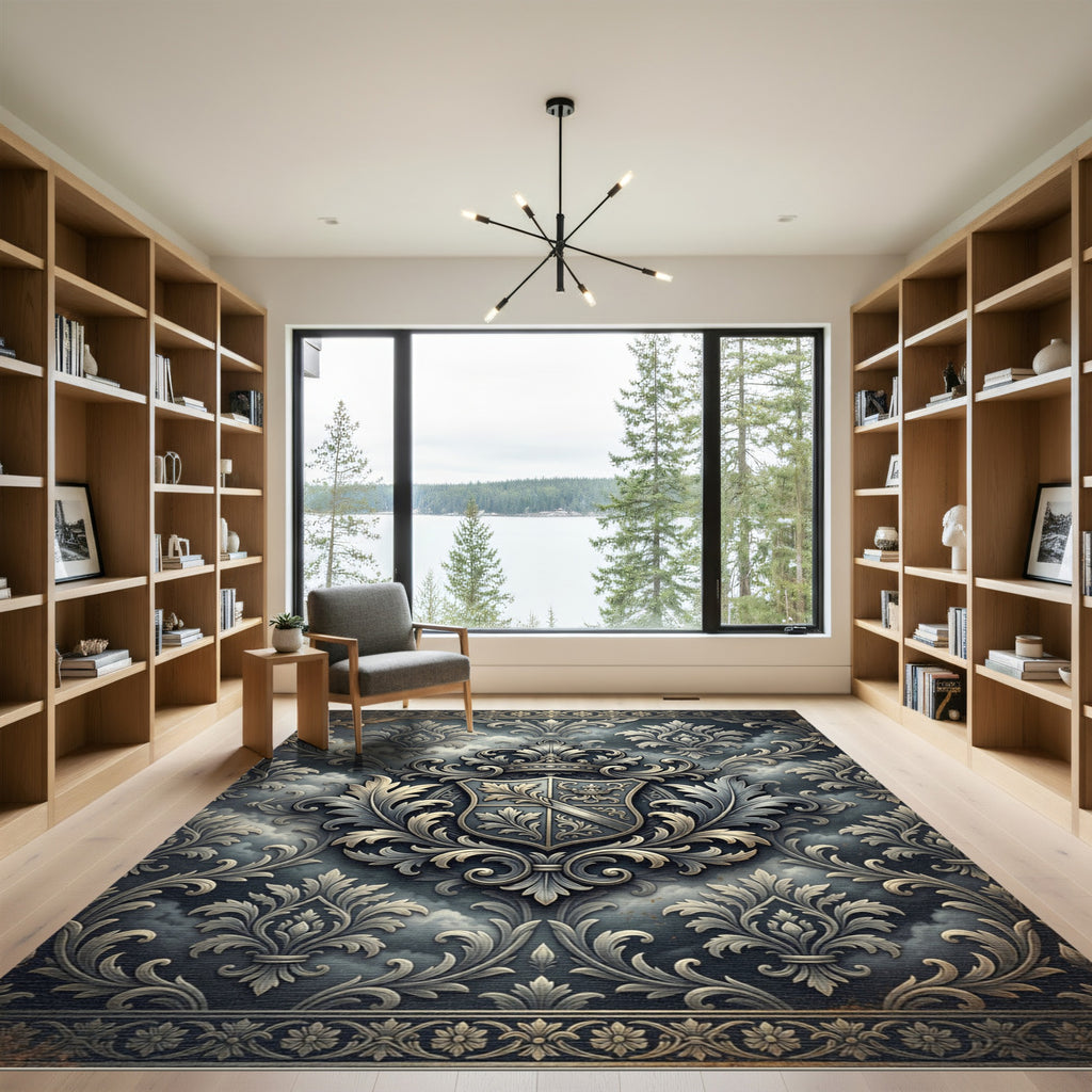 Elegant Silver Crest Damask Slate Grey Rug