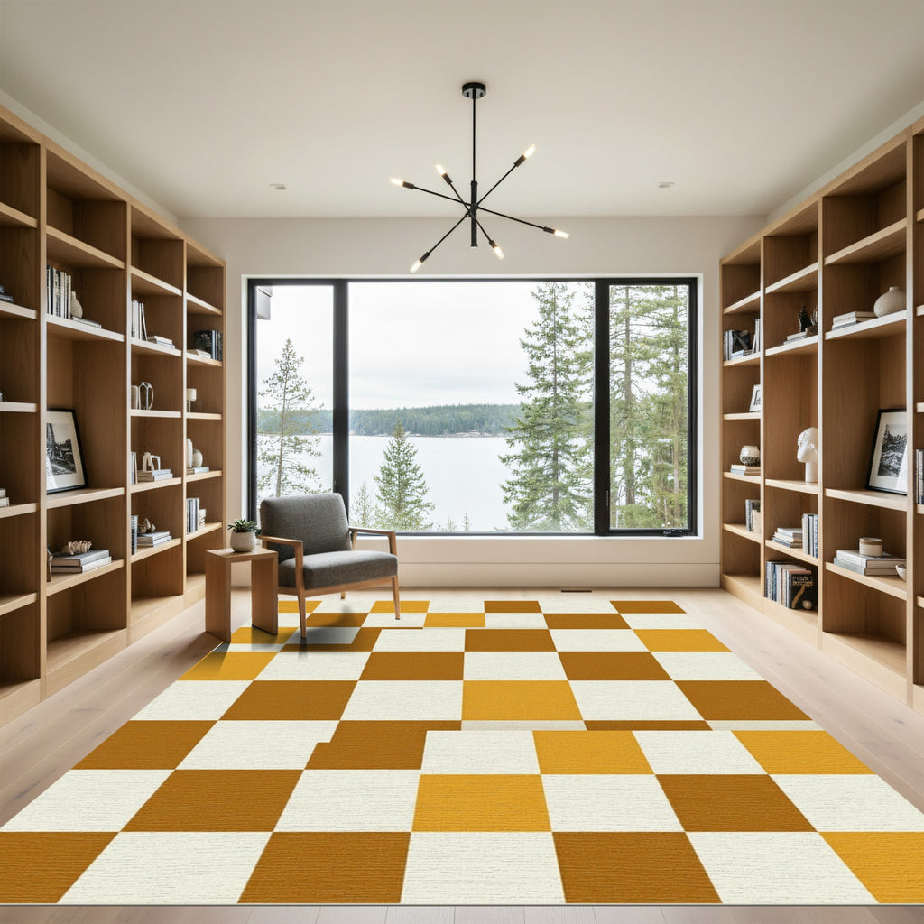 Modern Ochre and Amber Checkerboard Grid Rug