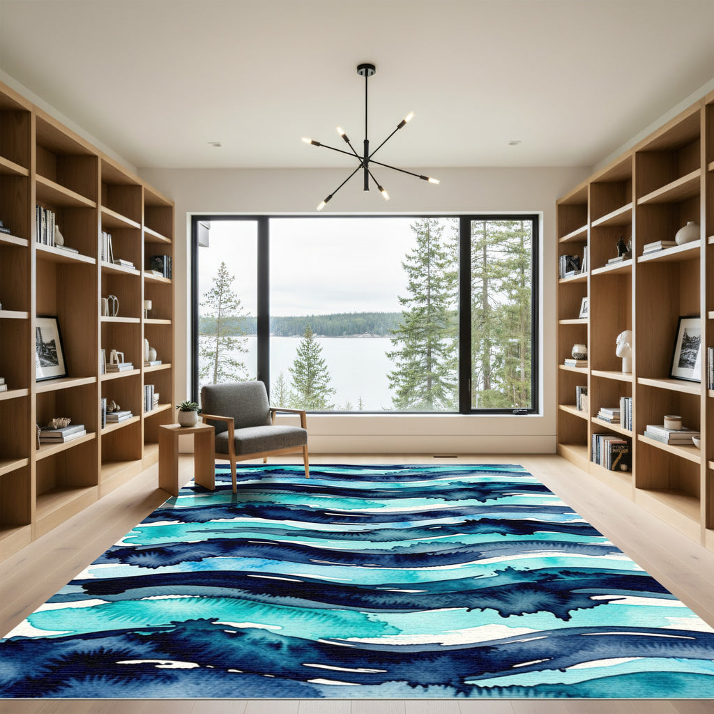Abstract Navy and Teal Wavy Water Rug