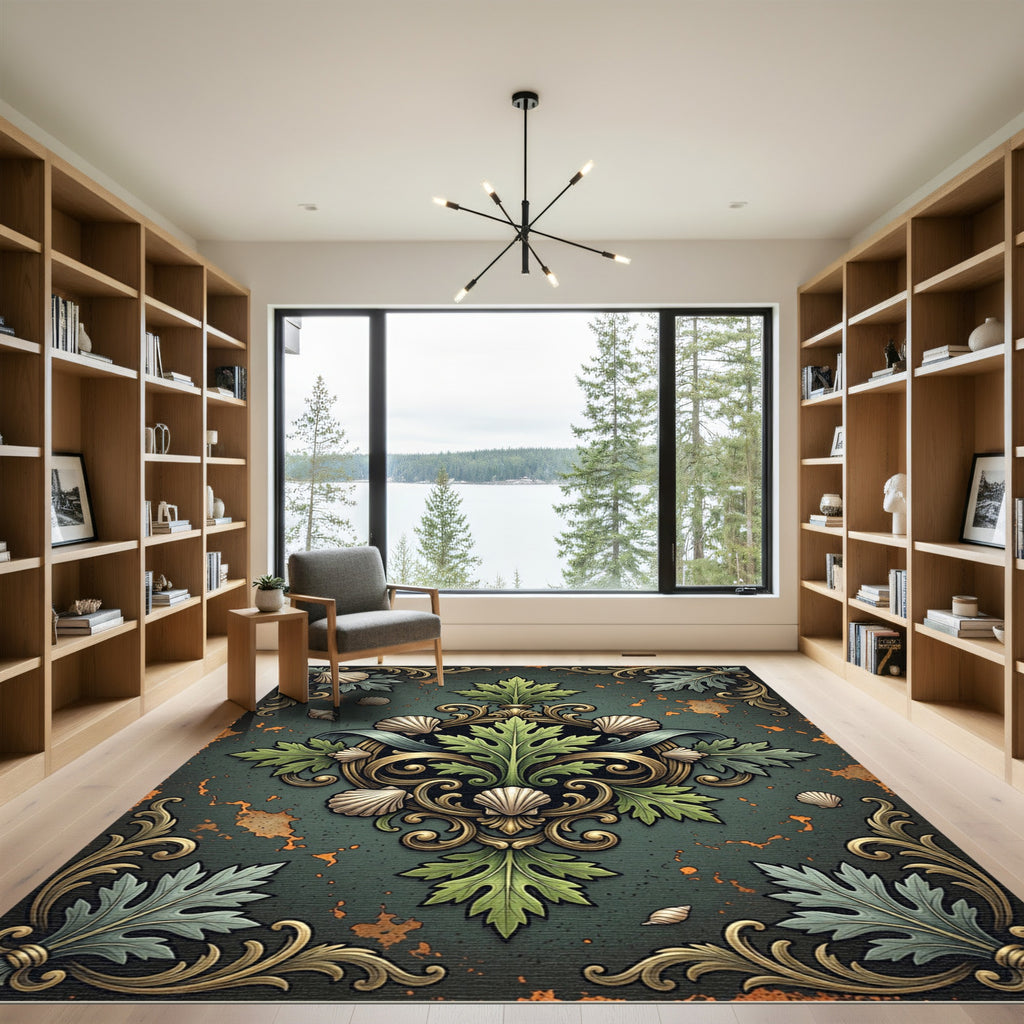 Ornate Green Acanthus Shell Damask Rug
