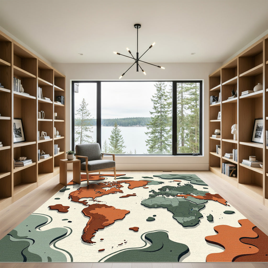 Abstract Earth Toned World Map Art Rug