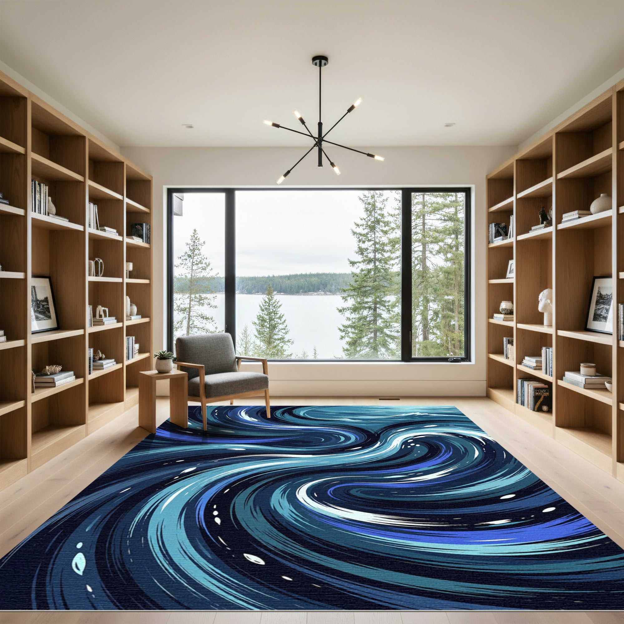 Deep Blue Aquatic Swirl Abstract Rug