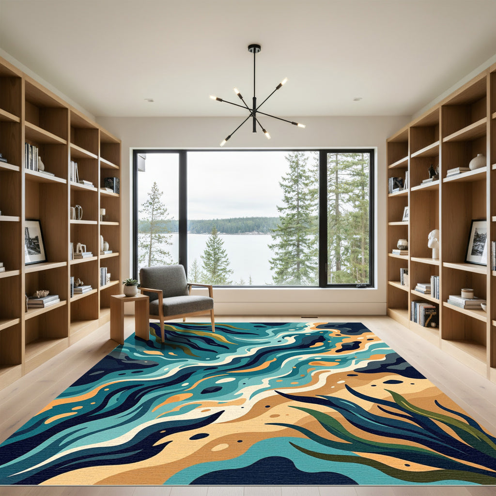 Abstract Teal Ocean Wave Flow Rug