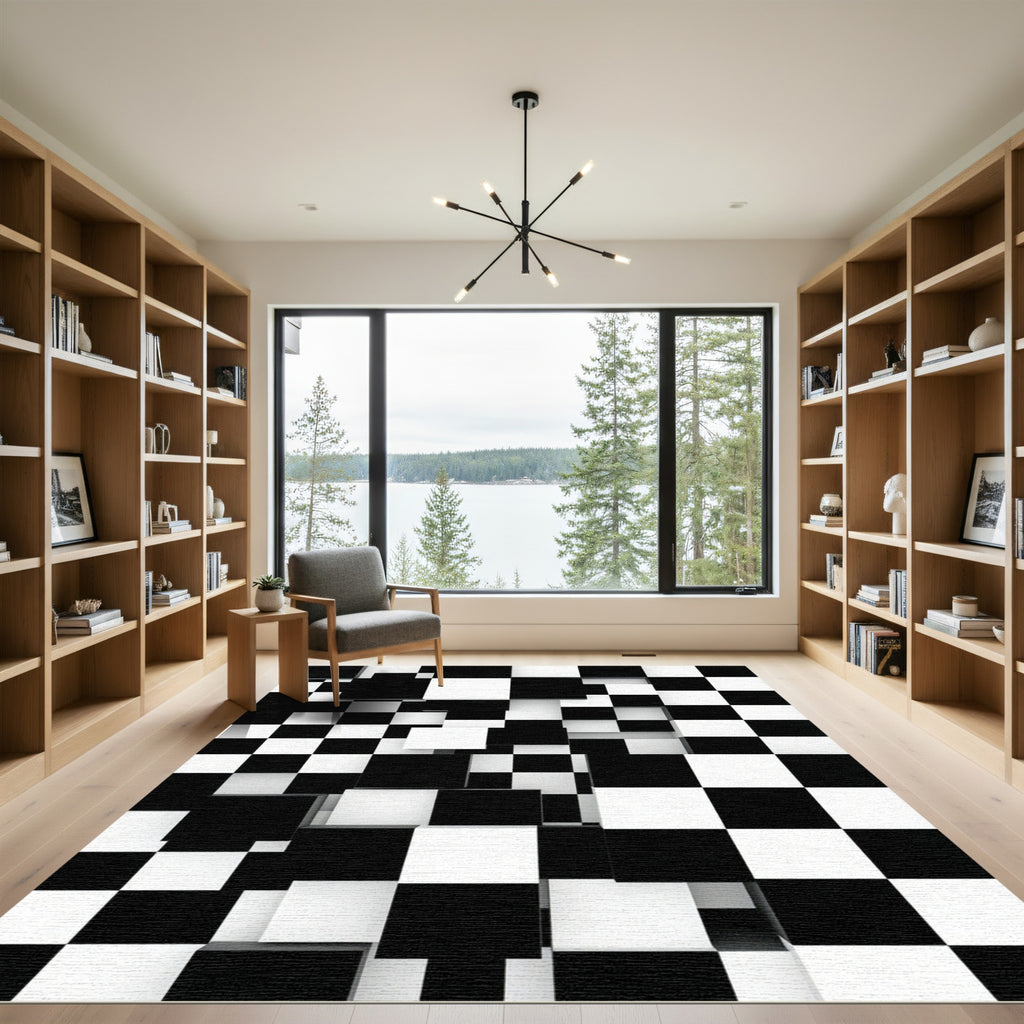 Modern Monochrome Three Dimensional Geometric Checkerboard Rug