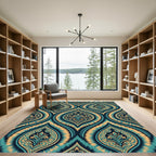 Teal Gold Damask Swirl Medallion Rug
