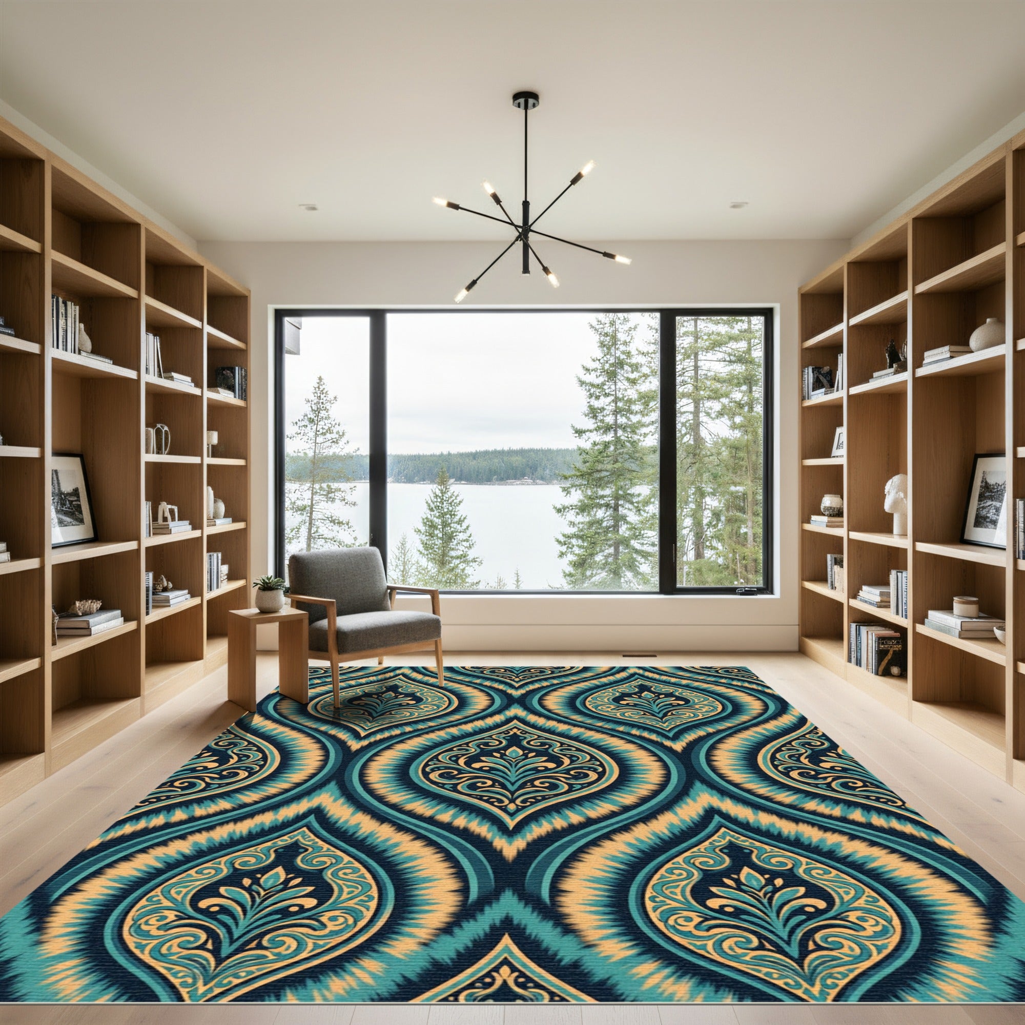Teal Gold Damask Swirl Medallion Rug